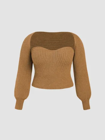 Two-Piece Rib Knit Long Sleeve Crop Top With Shrug Curve & Plus