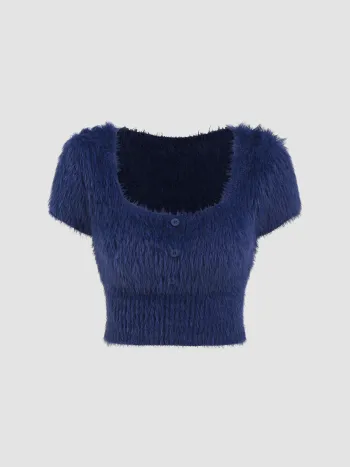 Fuzzy U-neckline Button Short Sleeve Crop Sweater