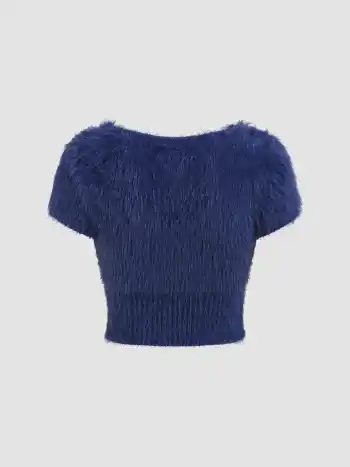 Fuzzy U-neckline Button Short Sleeve Crop Sweater