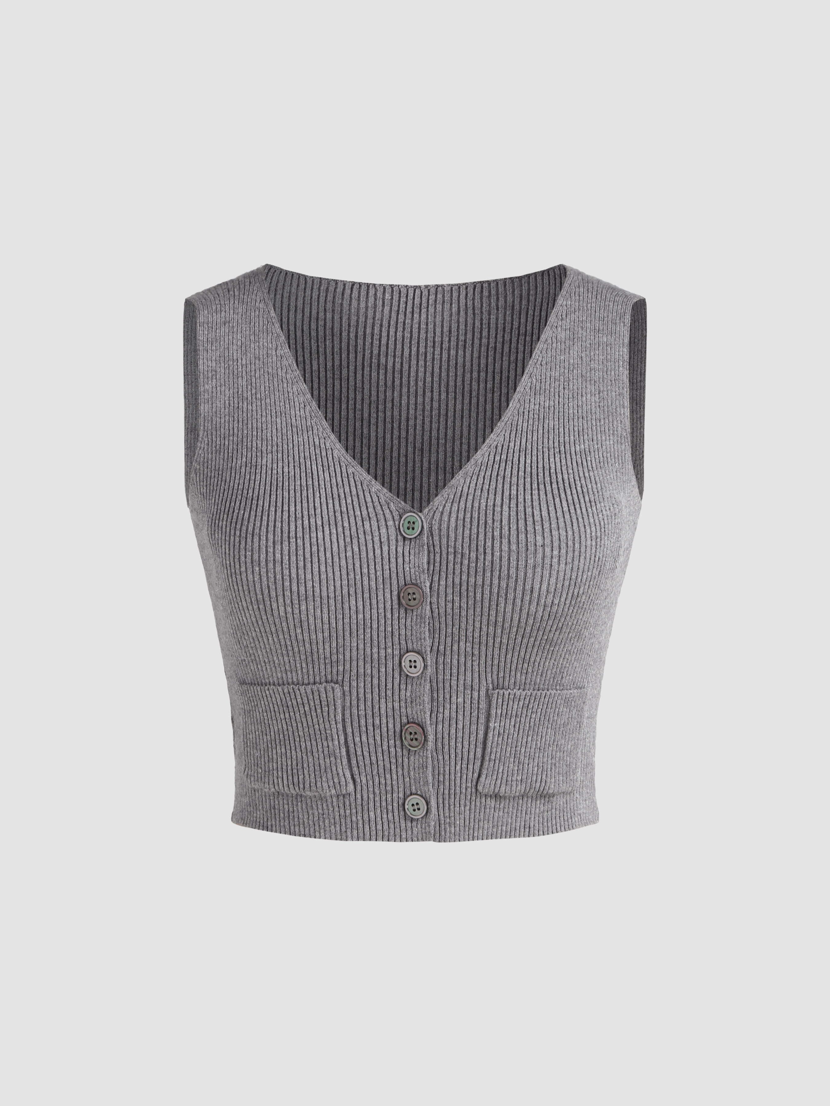 V-neck Solid Button Knitted Crop Vest - Cider