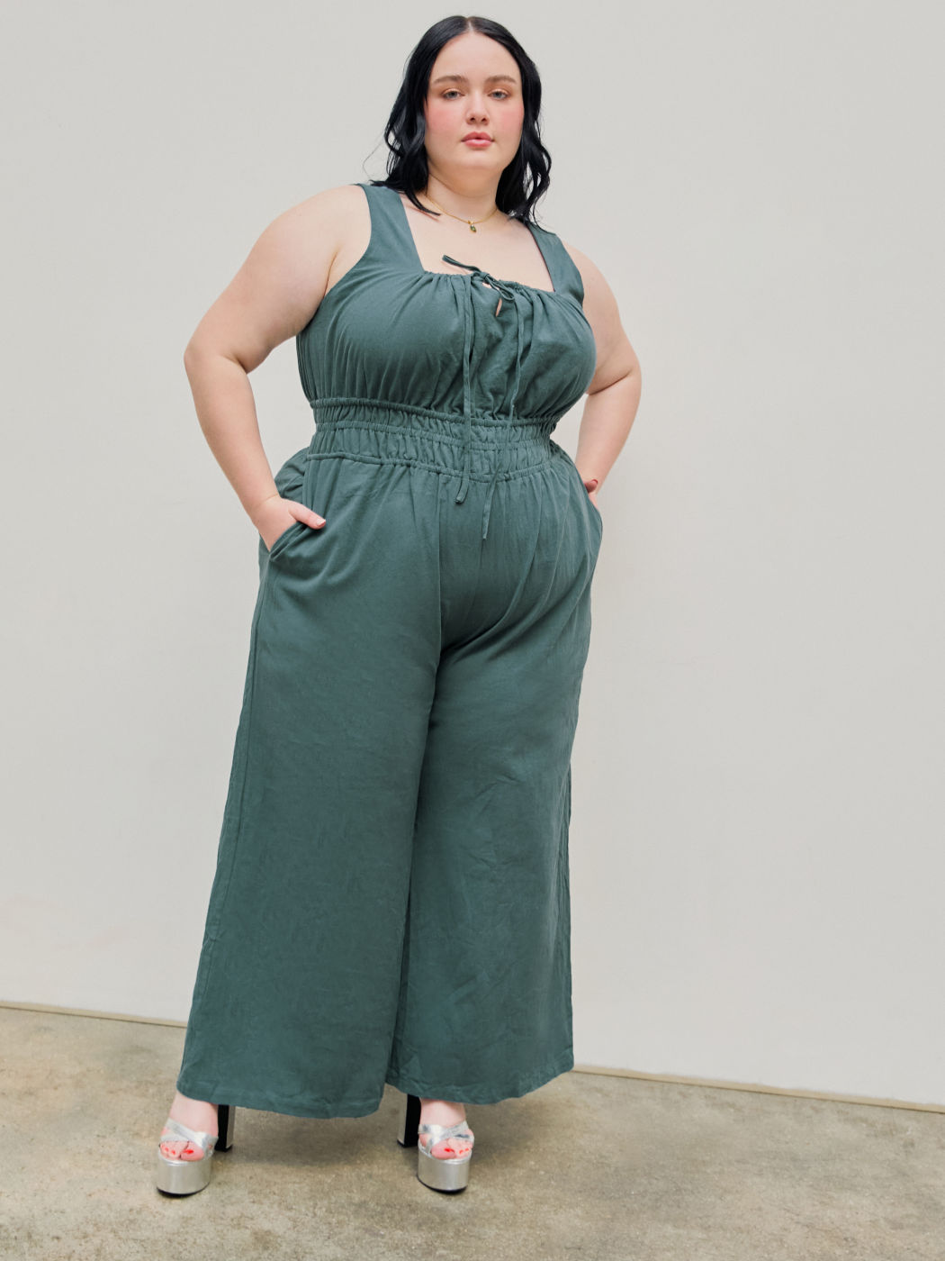 Square Neck Lace Up Ruched Jumpsuit Curve & Plus