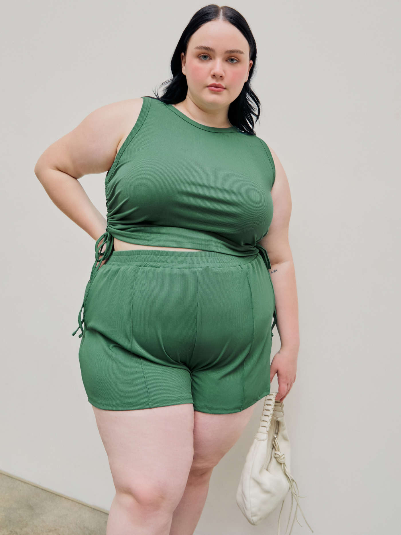 Rib Drawstring Ruched Crop Top & Shorts Set Curve & Plus