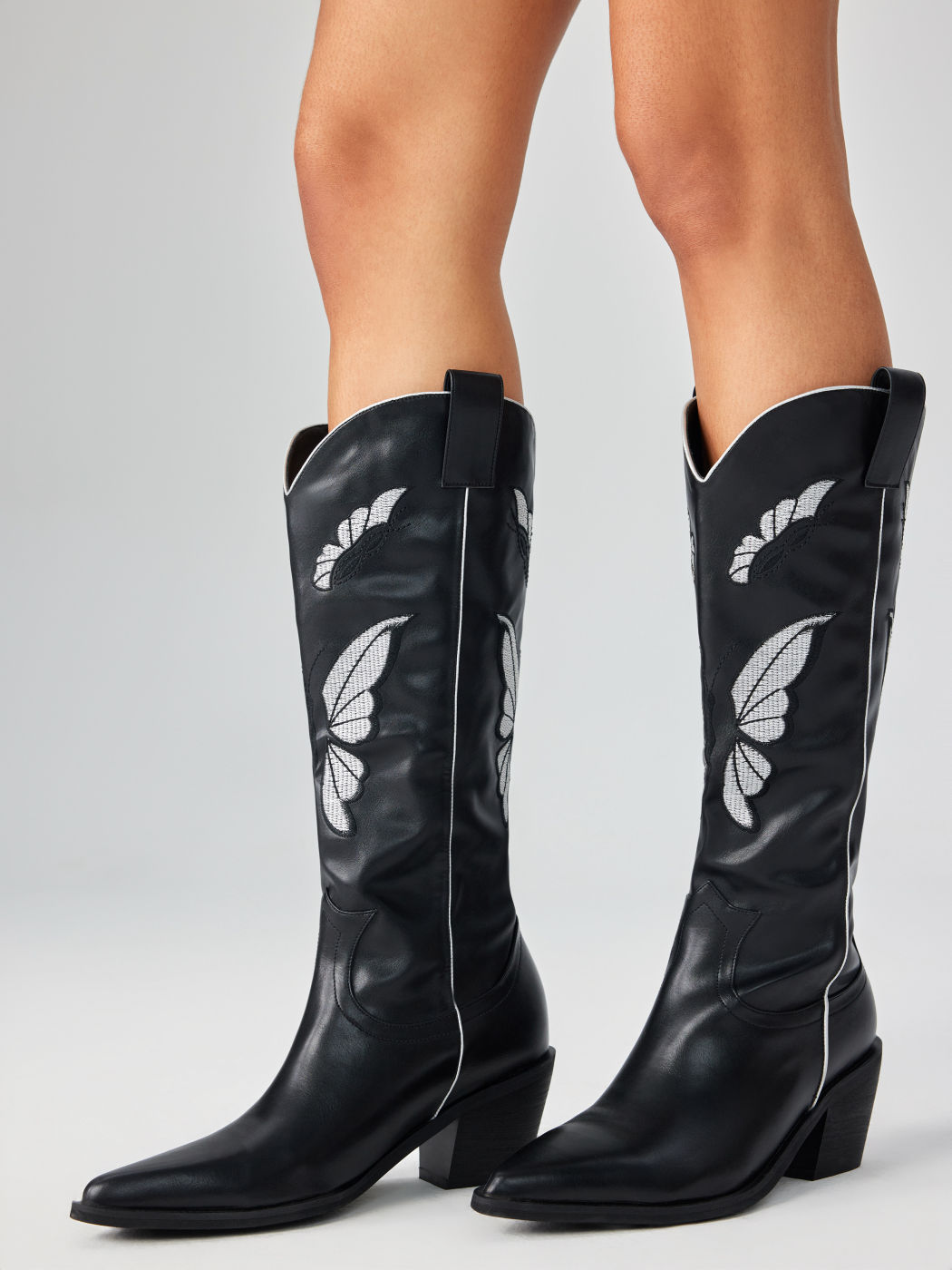 Faux Leather Chunky Heeled Butterfly Decor CowboyKnee High Boots