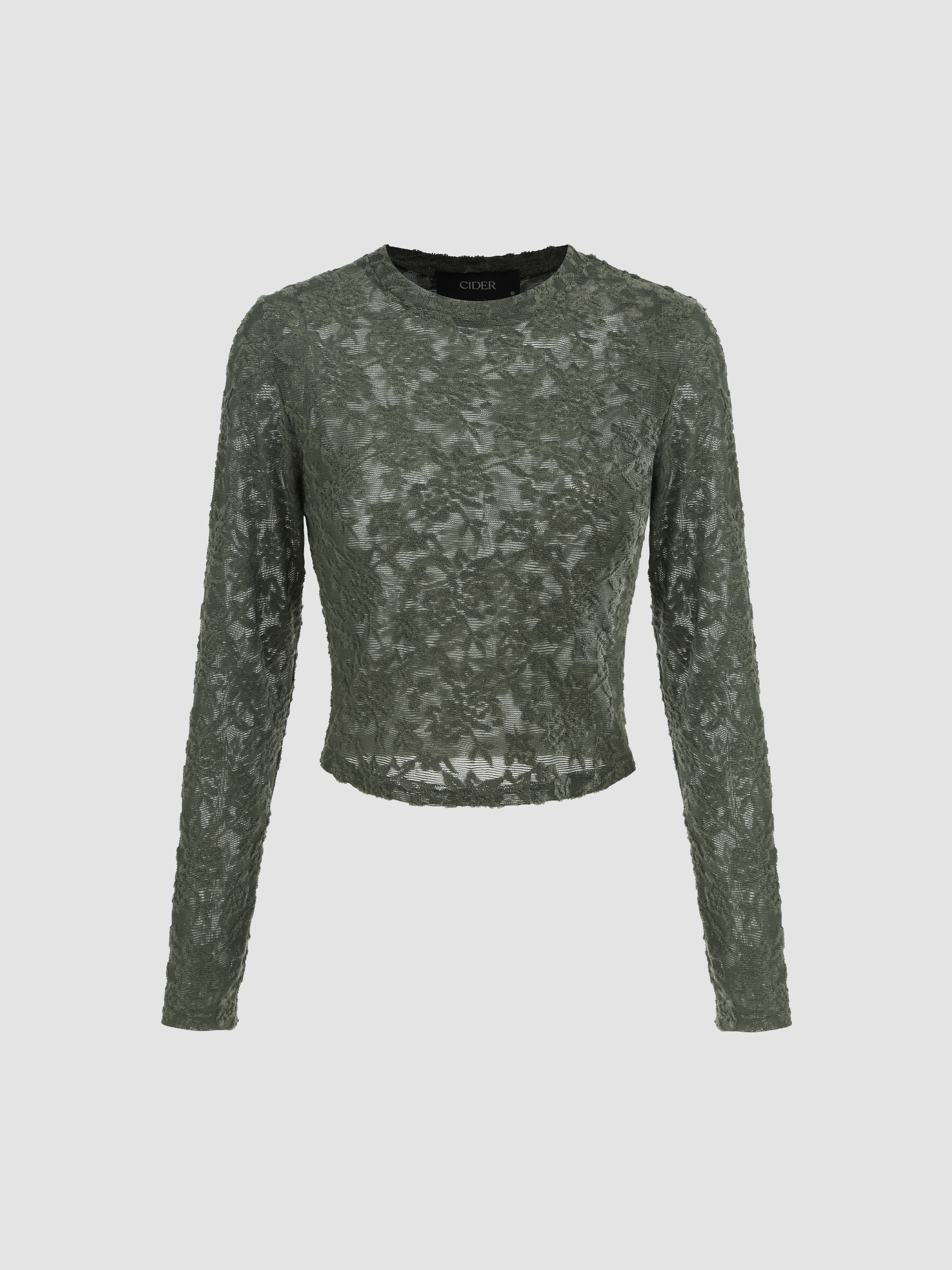 Jacquard Round Neckline Floral Long Sleeve Top