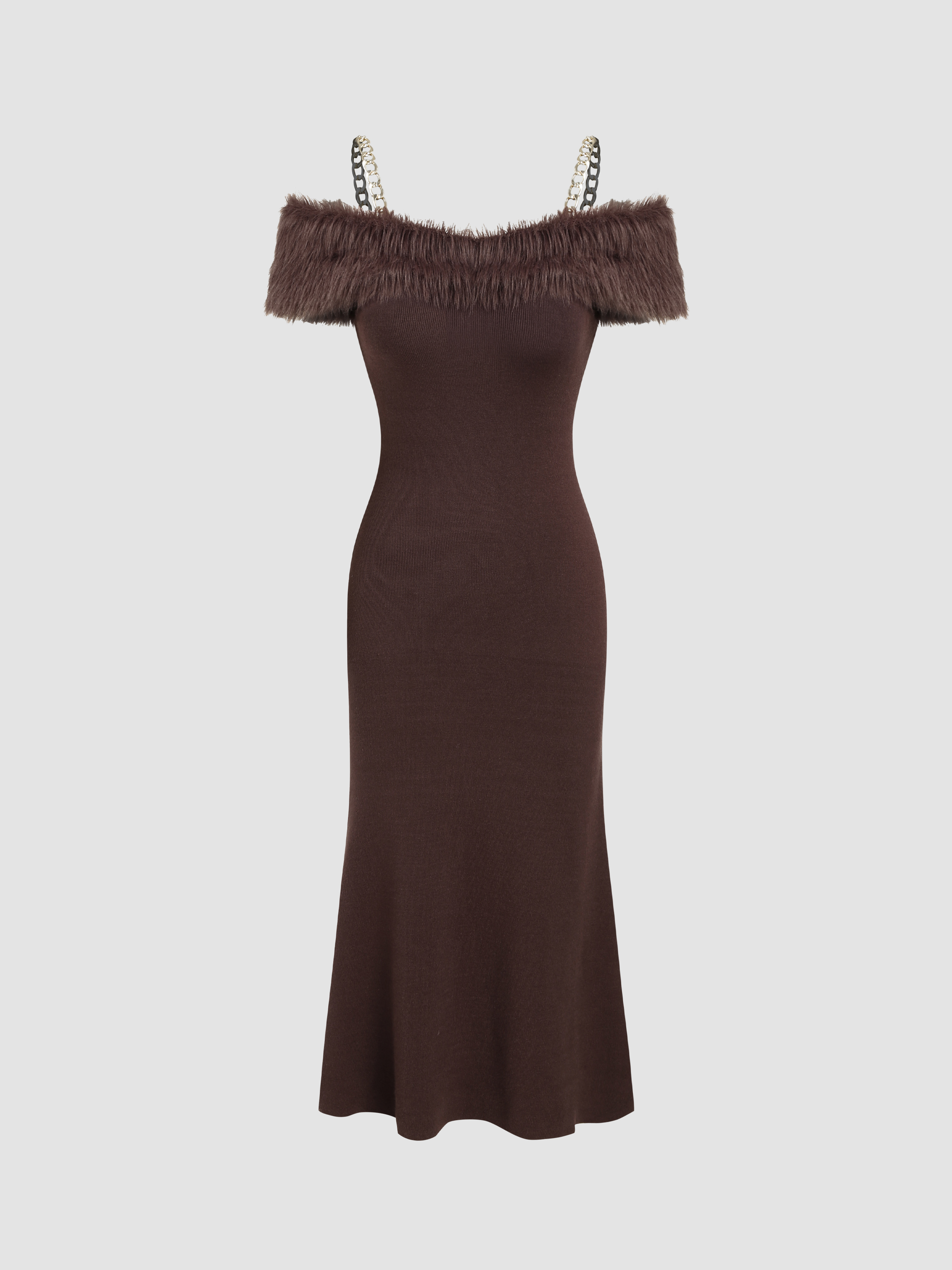 Knit Fabric Knit Off-shoulder Faux Fur Chain Mermaid Midi