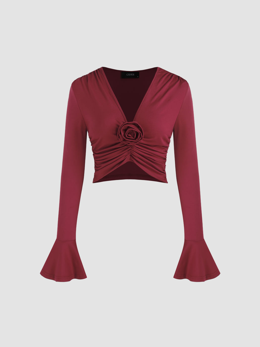 V-neck Rosette Ruched Crop Long Sleeve Top