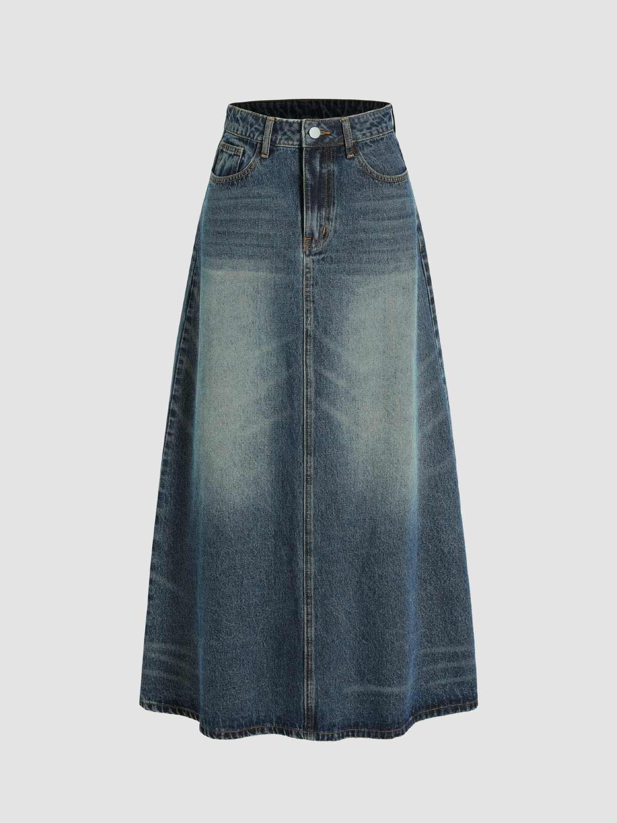 Denim Mid Waist Solid Pocket Maxi Skirt - Cider