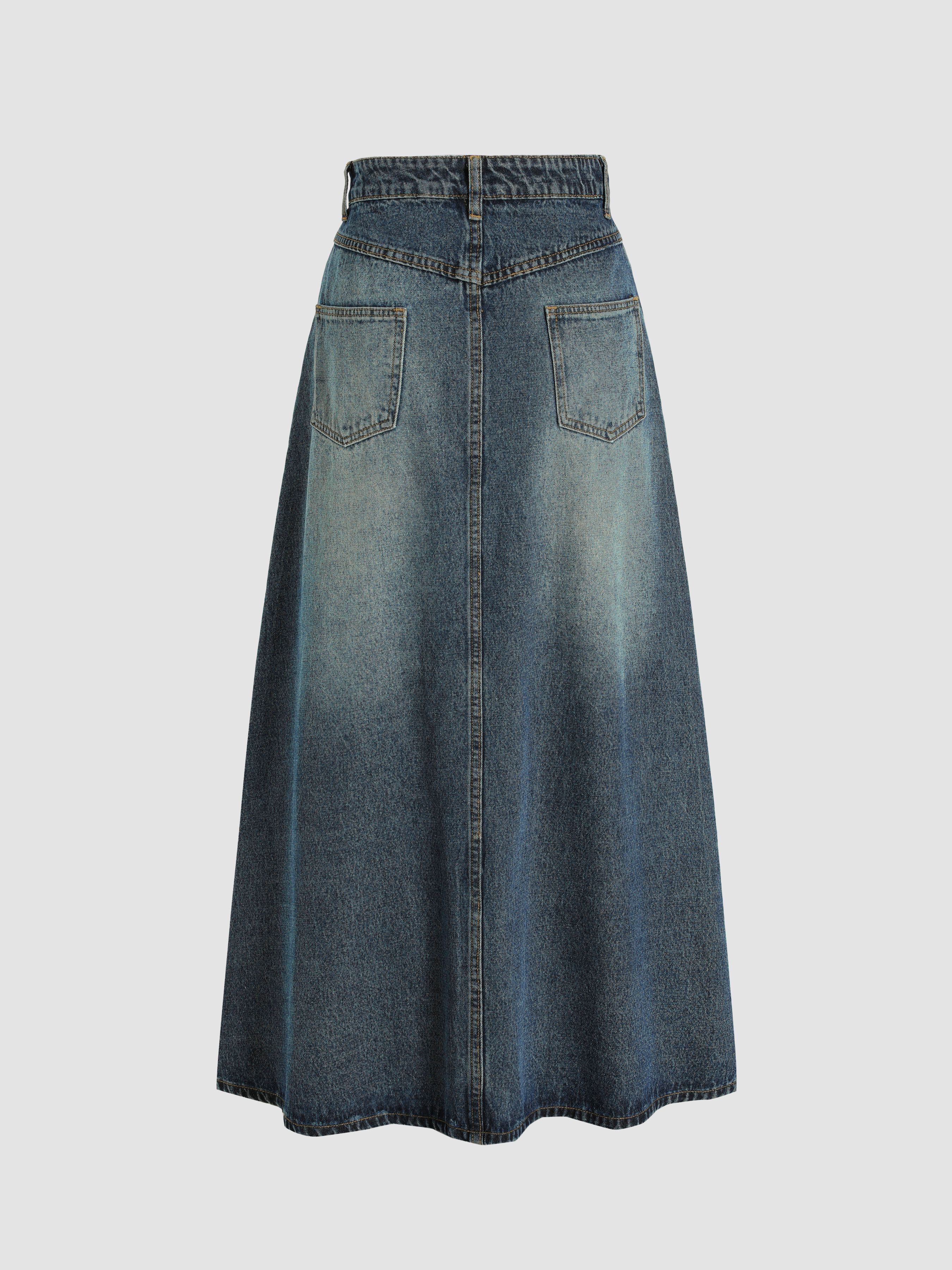 Denim Mid Waist Solid Pocket Maxi Skirt