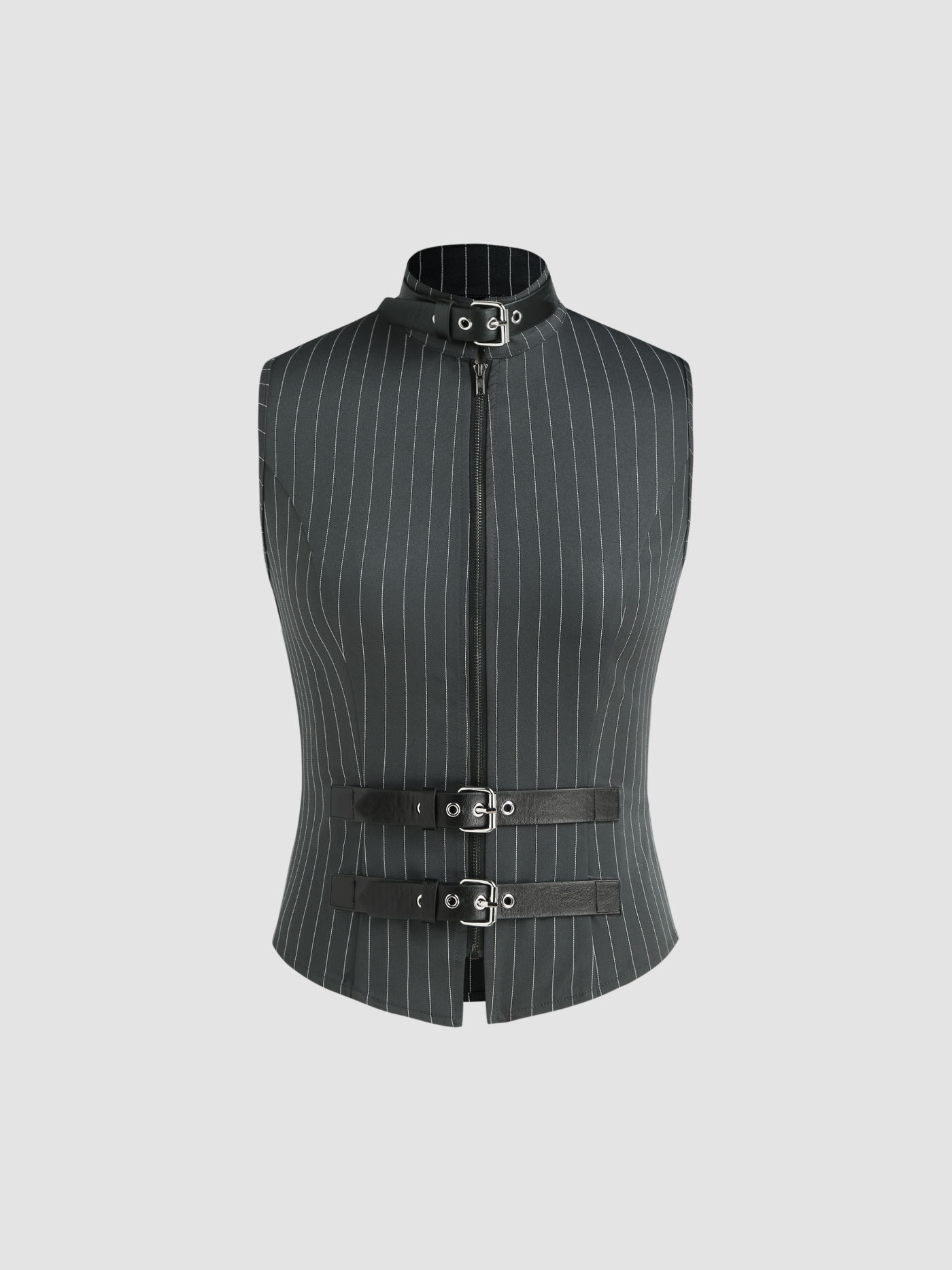 Stand Collar Striped Belted Vest