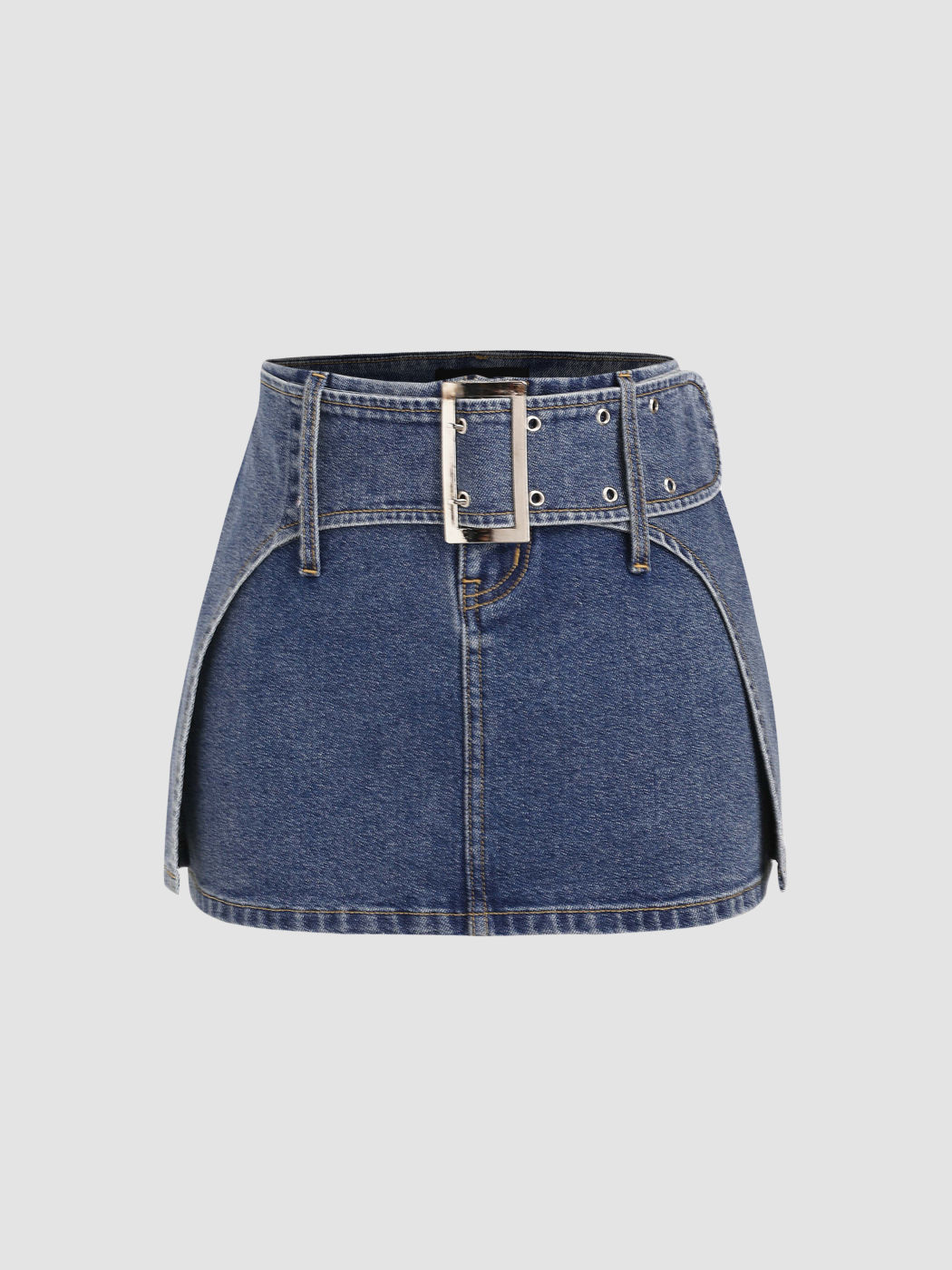 Stretch Denim Low Waist Belted Mini Skirt