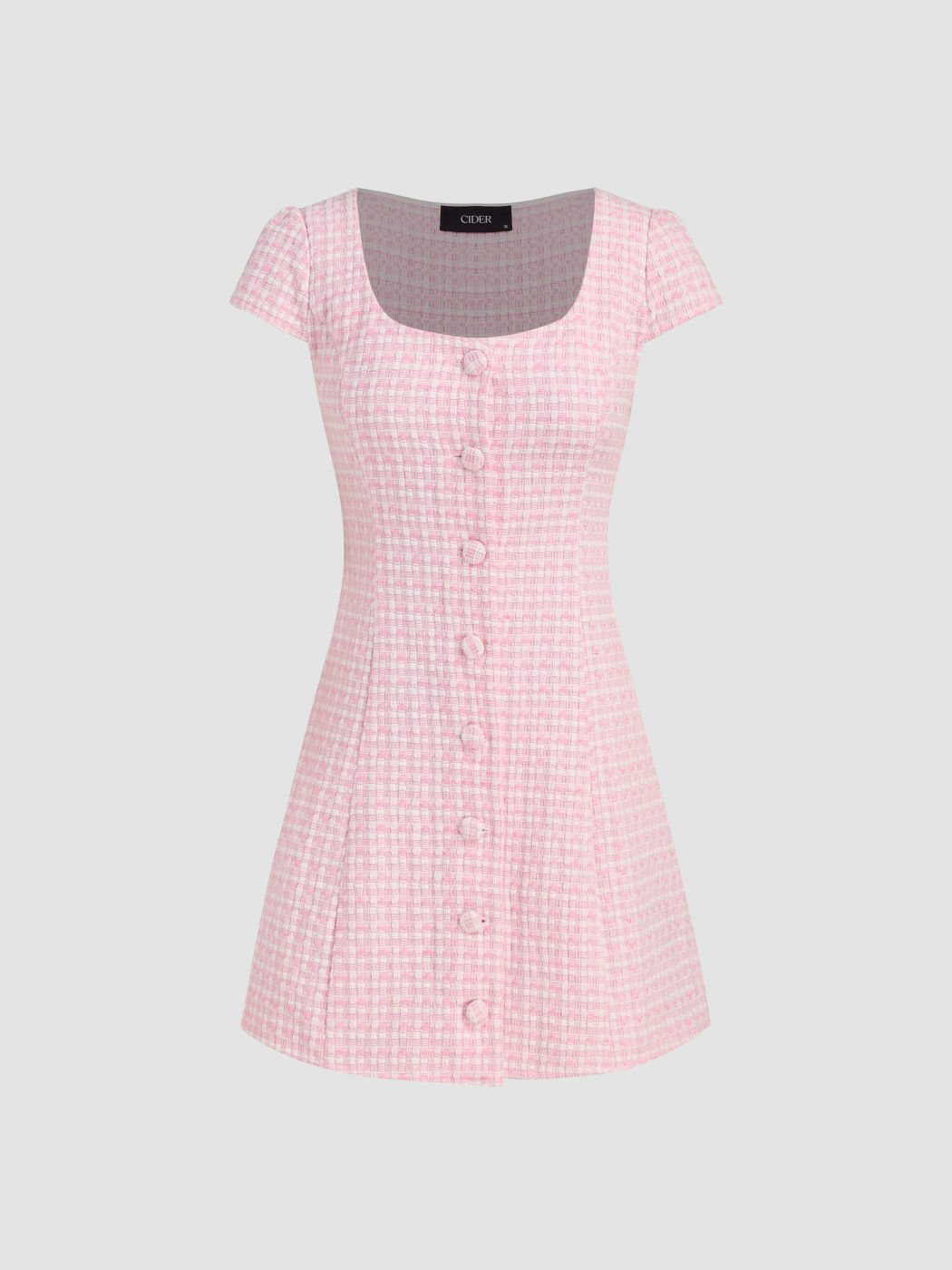 Tweed Square Neck Check Button Mini Dress