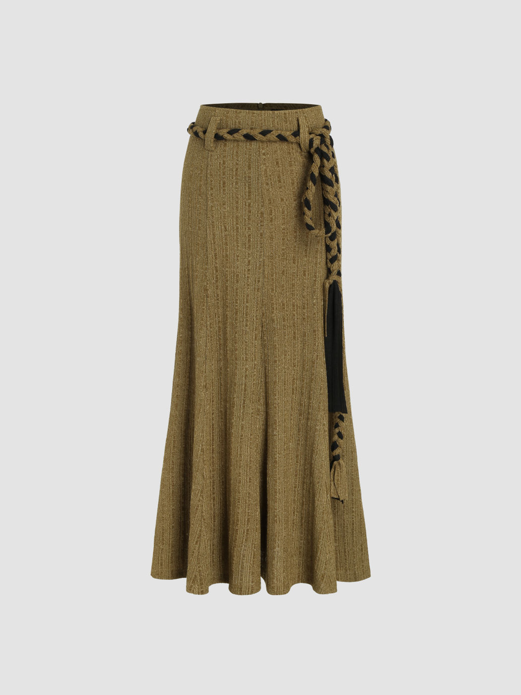 High Waist Solid Belted Maxi Skirt