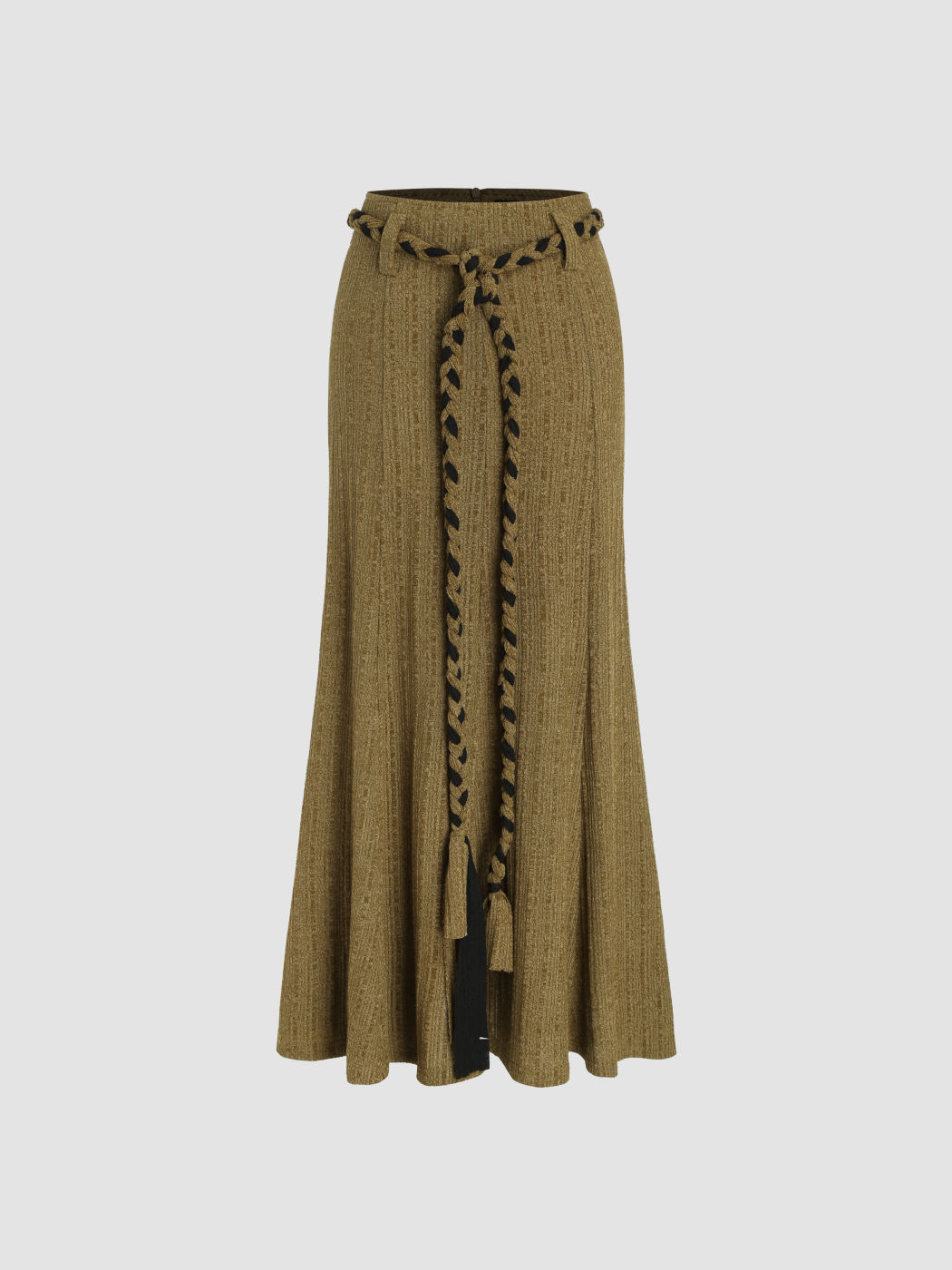 High Waist Solid Belted Maxi Skirt