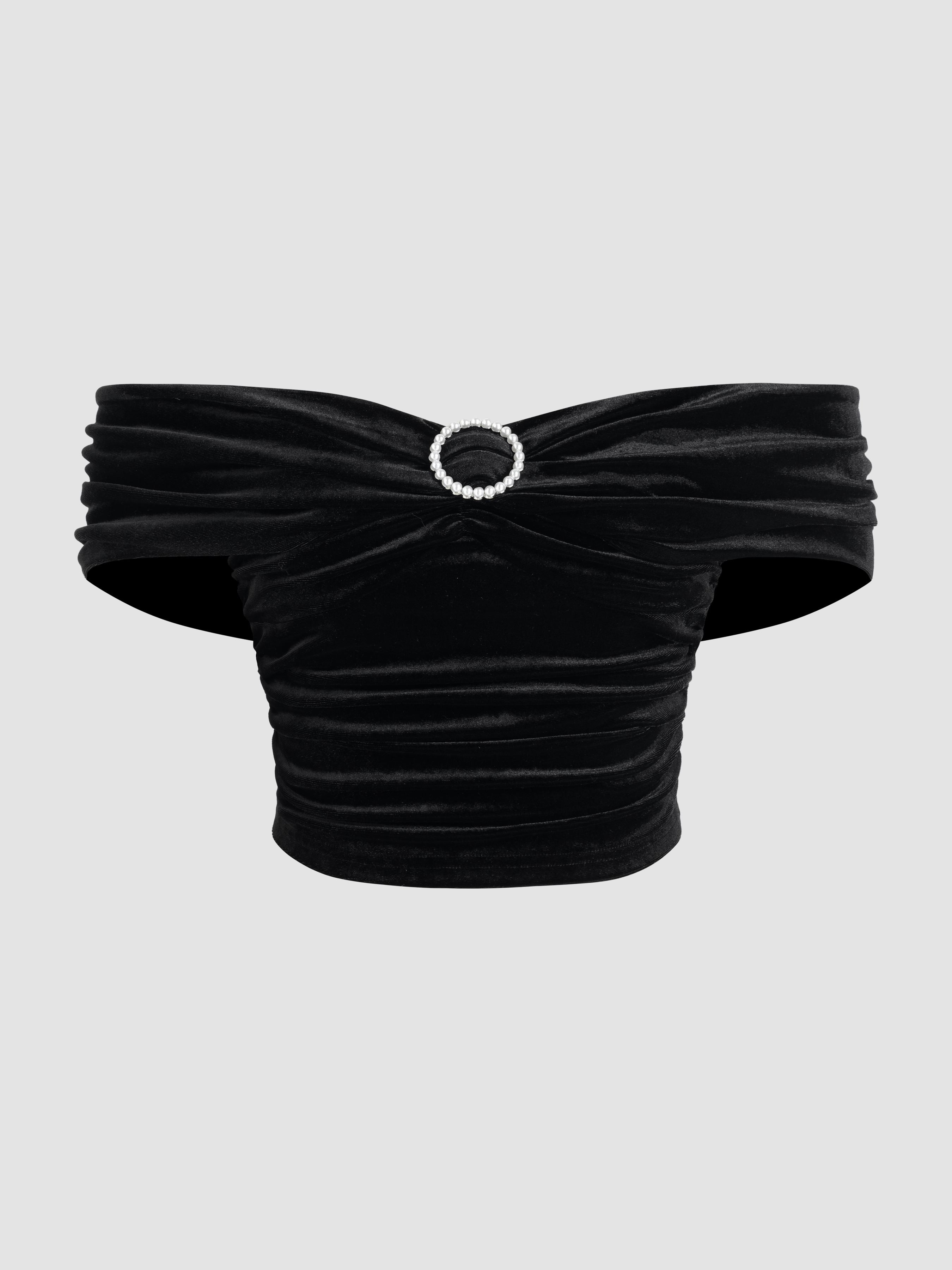 black velvet off shoulder crop top