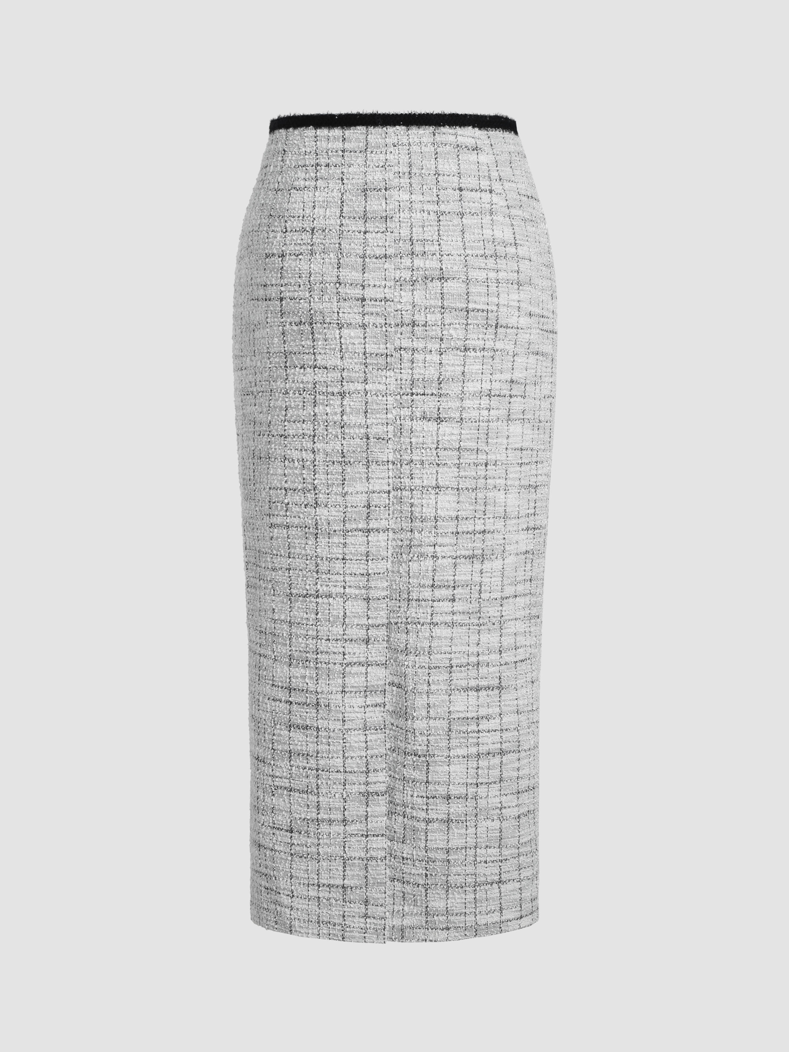 Tweed High Waist Solid Button Maxi Skirt