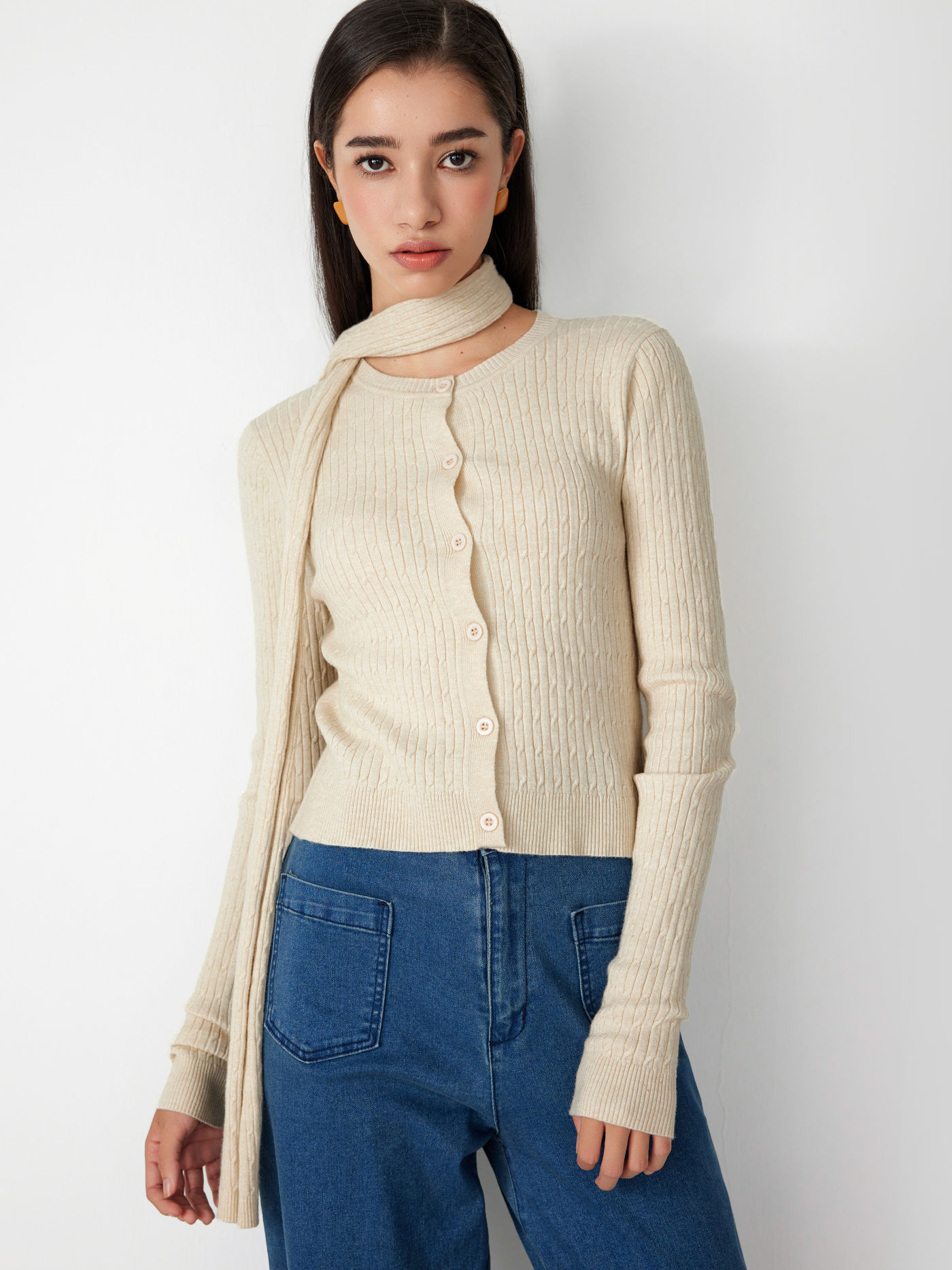 Knit Round Neckline Button Cardigan With Scarf