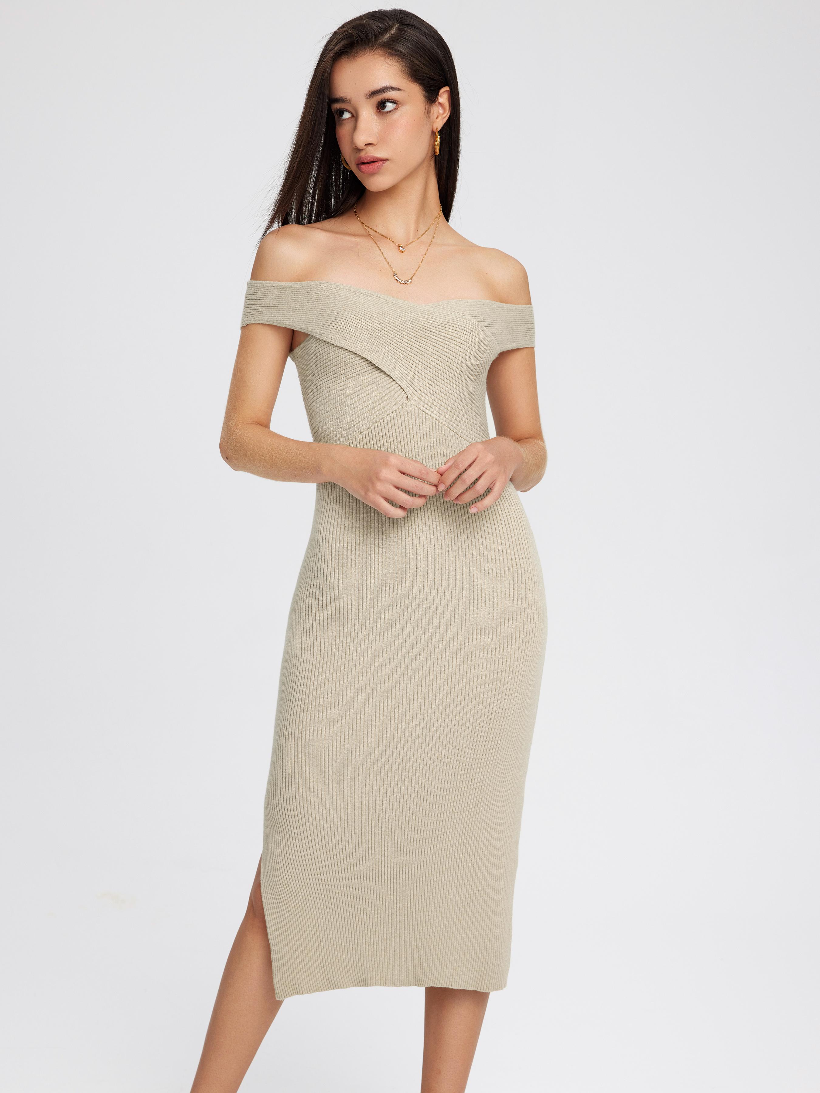 Knit Off-shoulder Solid Split Dress - Cider