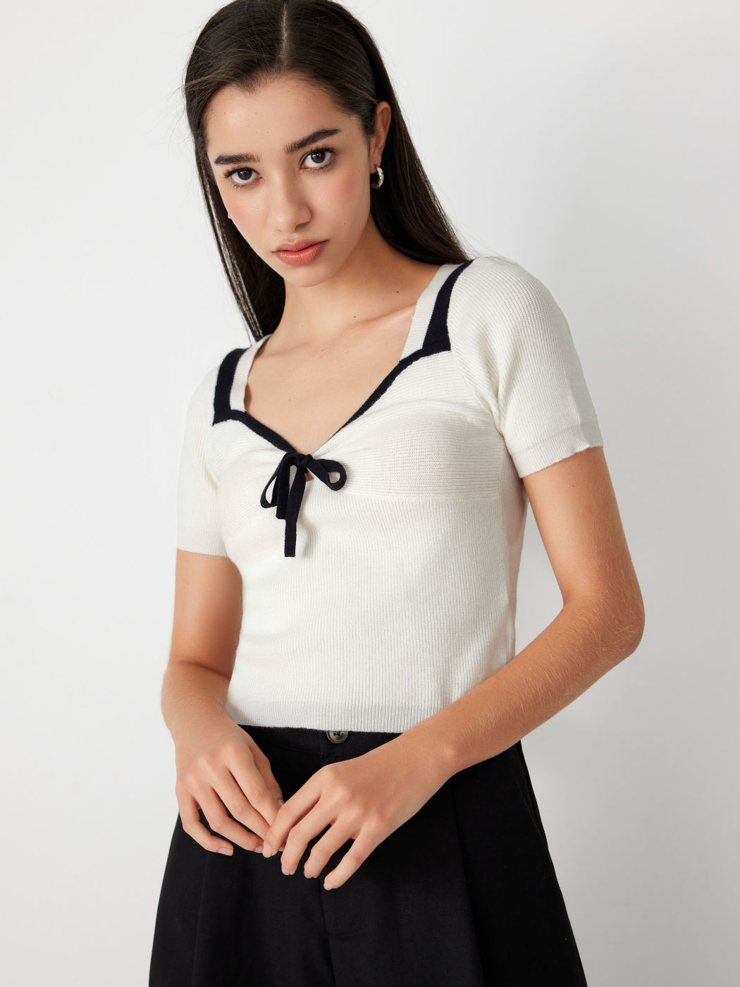 Knit Fabric Knit Contrasting Binding Bowknot Short Sleeve Top For Daily ...