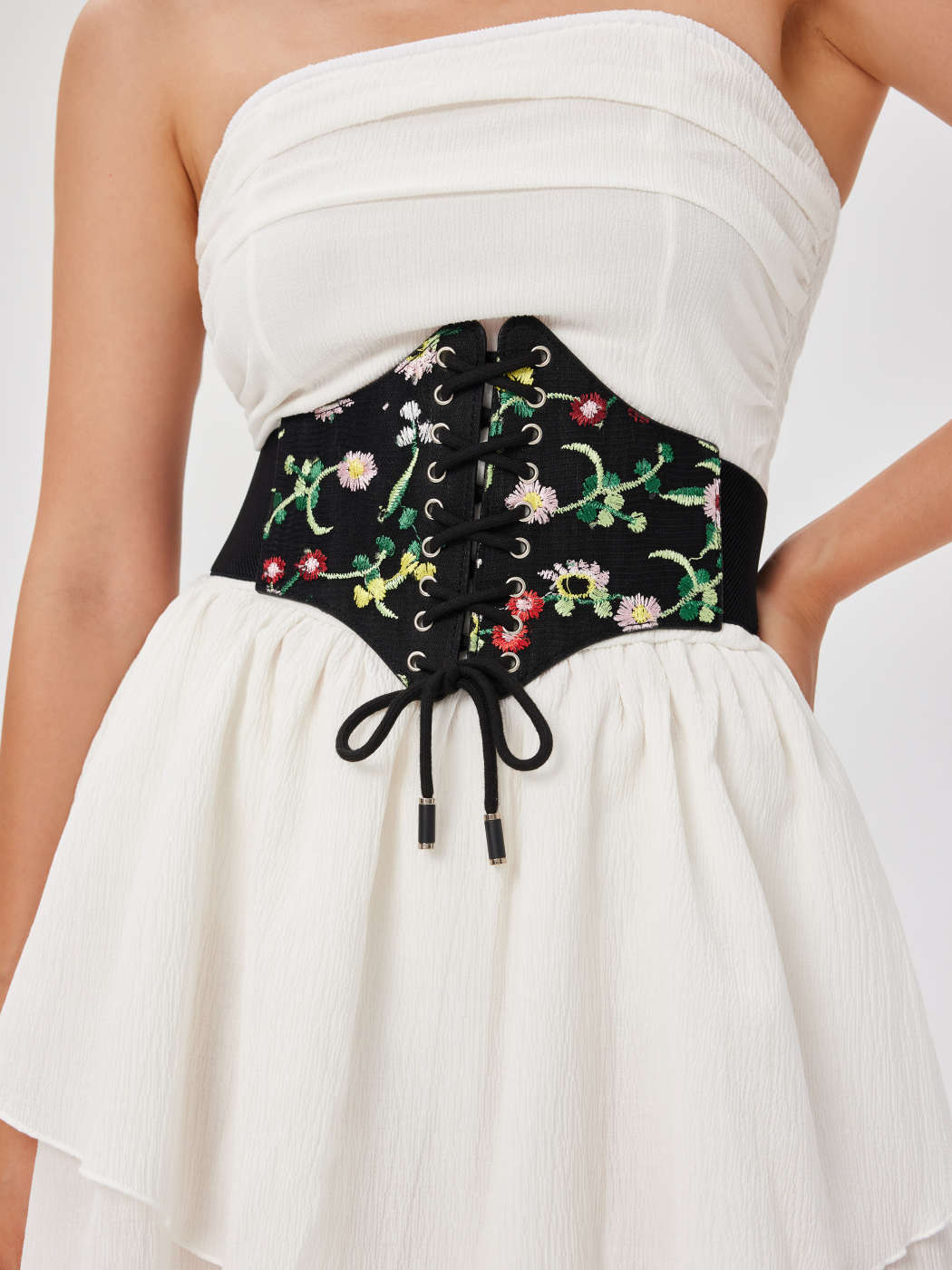Lace Up Embroidery Corset Belt - Cider
