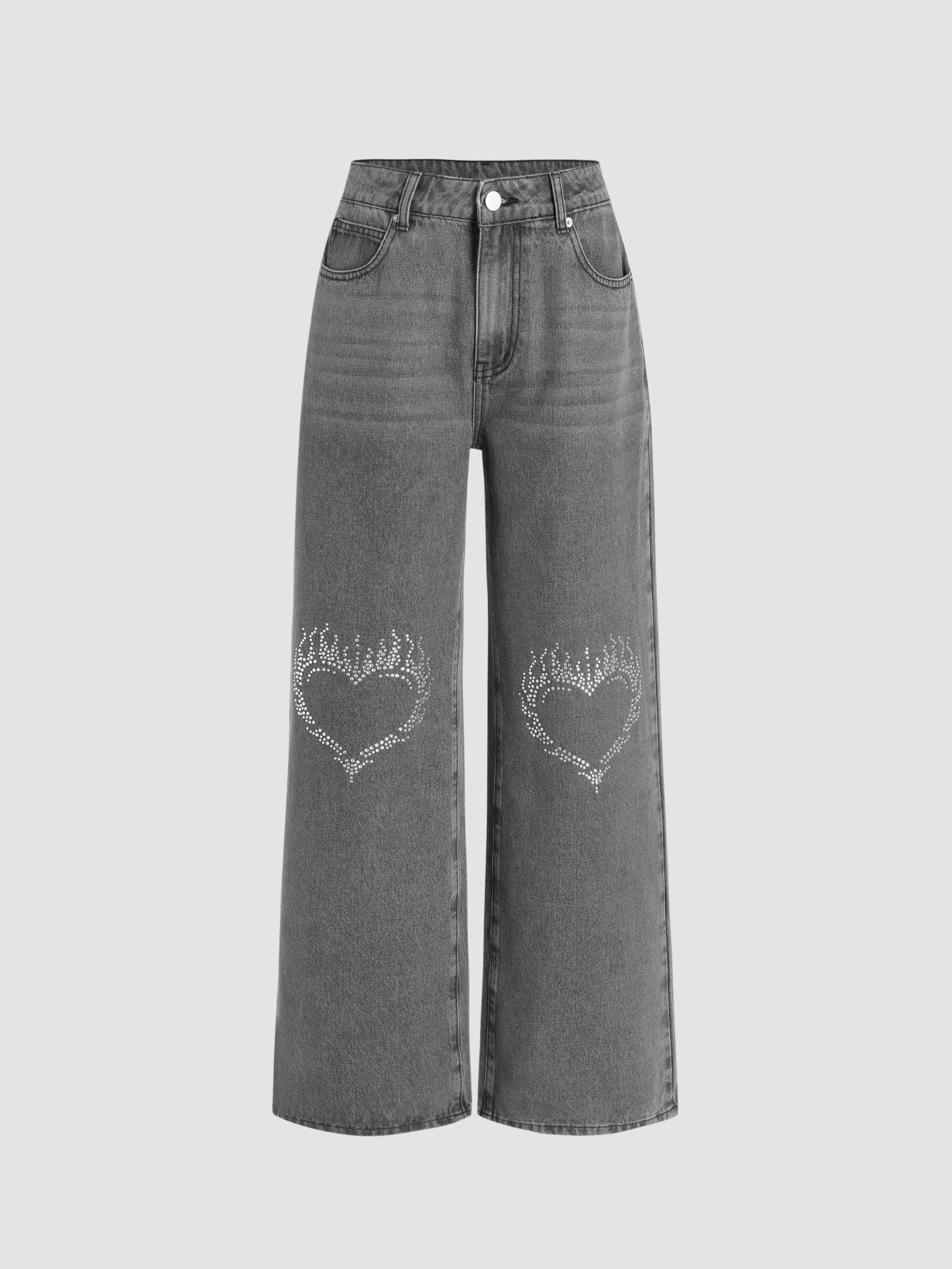 Mid Waist Rhinestone Heart Detail Wide Leg Jeans