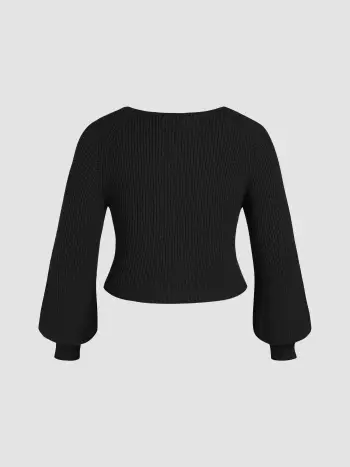Knit V-neck Solid Lantern Sleeve Top Curve & Plus
