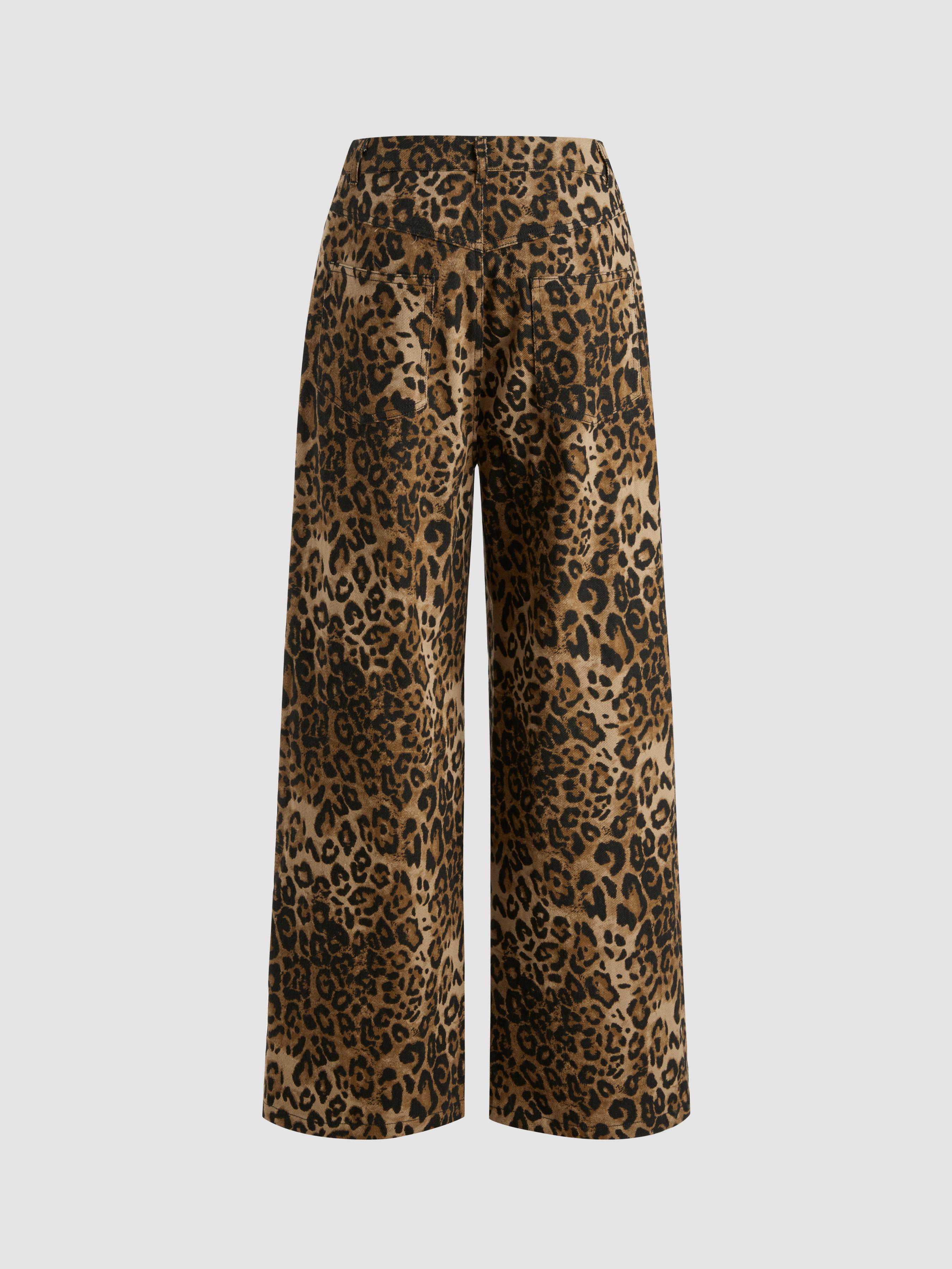 Denim Mid Waist Leopard Wide Leg Pants - Cider