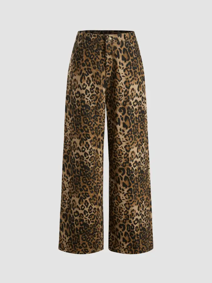 Denim Mid Waist Leopard Wide Leg Pants