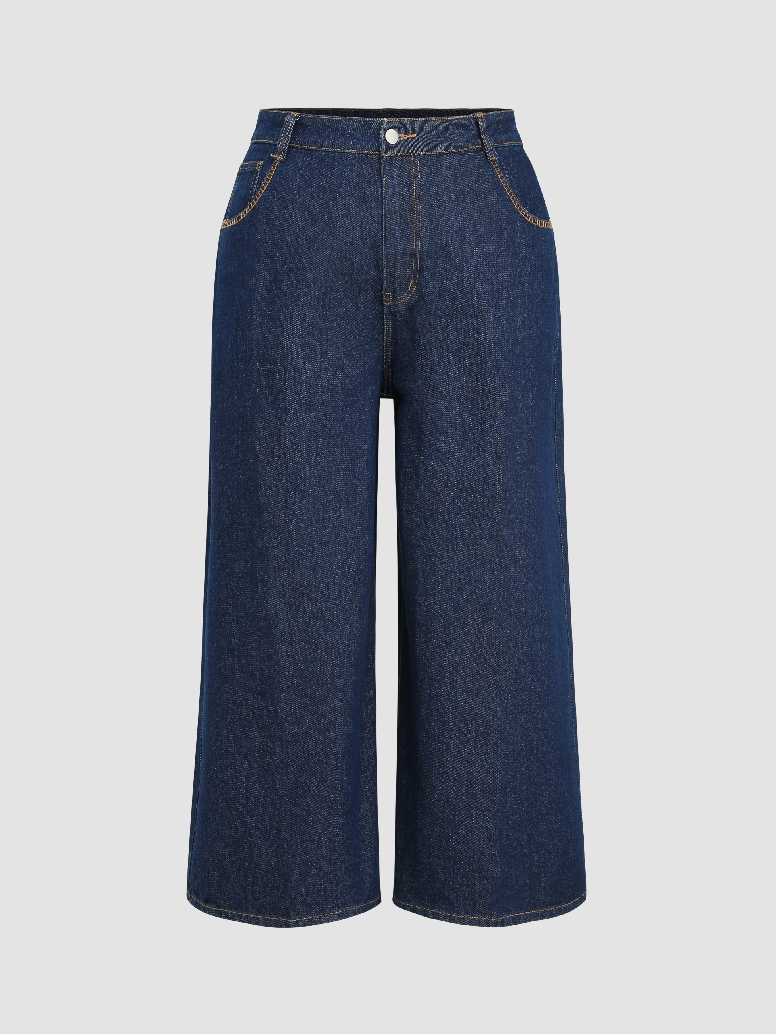 Denim Middle Waist Solid Button Wide Leg Jeans Curve & Plus - Cider