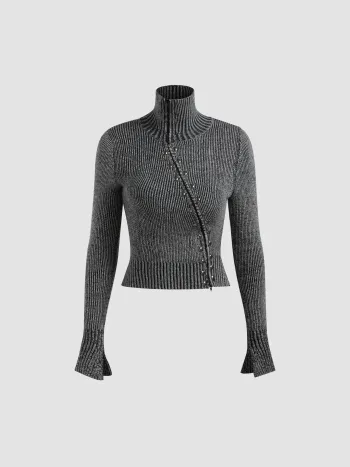 Kragen mit Niet und Reißverschluss Strickjacke