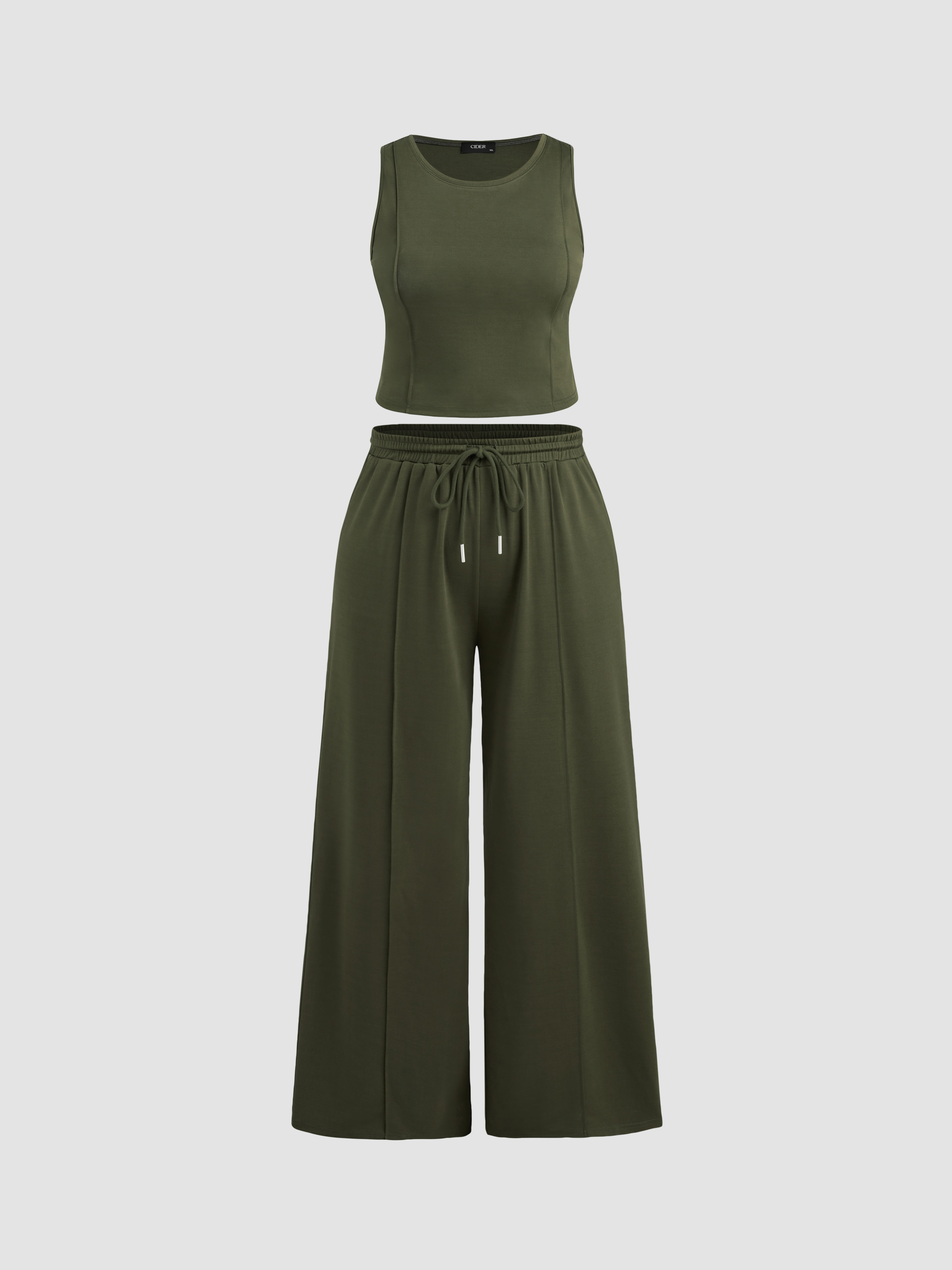 Knit Fabric Stitch Tank Top & Elastic Waist Pants Curve & Plus For