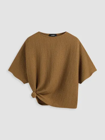 Round Neckline Textured Knotted Short Sleeve Tee Curve & Plus