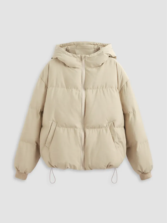 Fleece Funnel Neck Print Drawstring Oversized Jacket