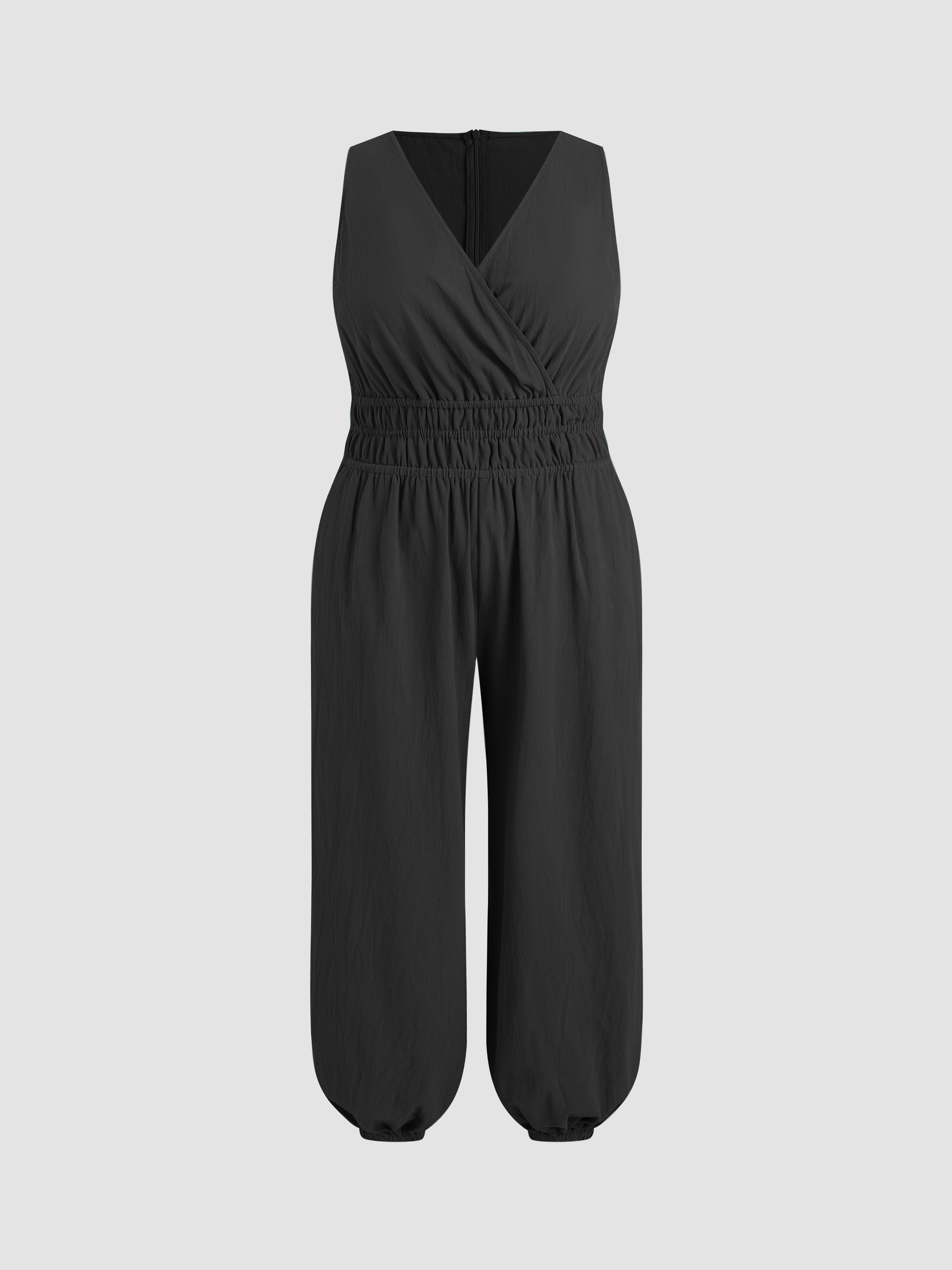 ☆CIDER☆Vネック シャーリング ジョガージャンプスーツ(送料込) 織布 V ネック シャーリング ポケット ジョガー ジャンプスーツ