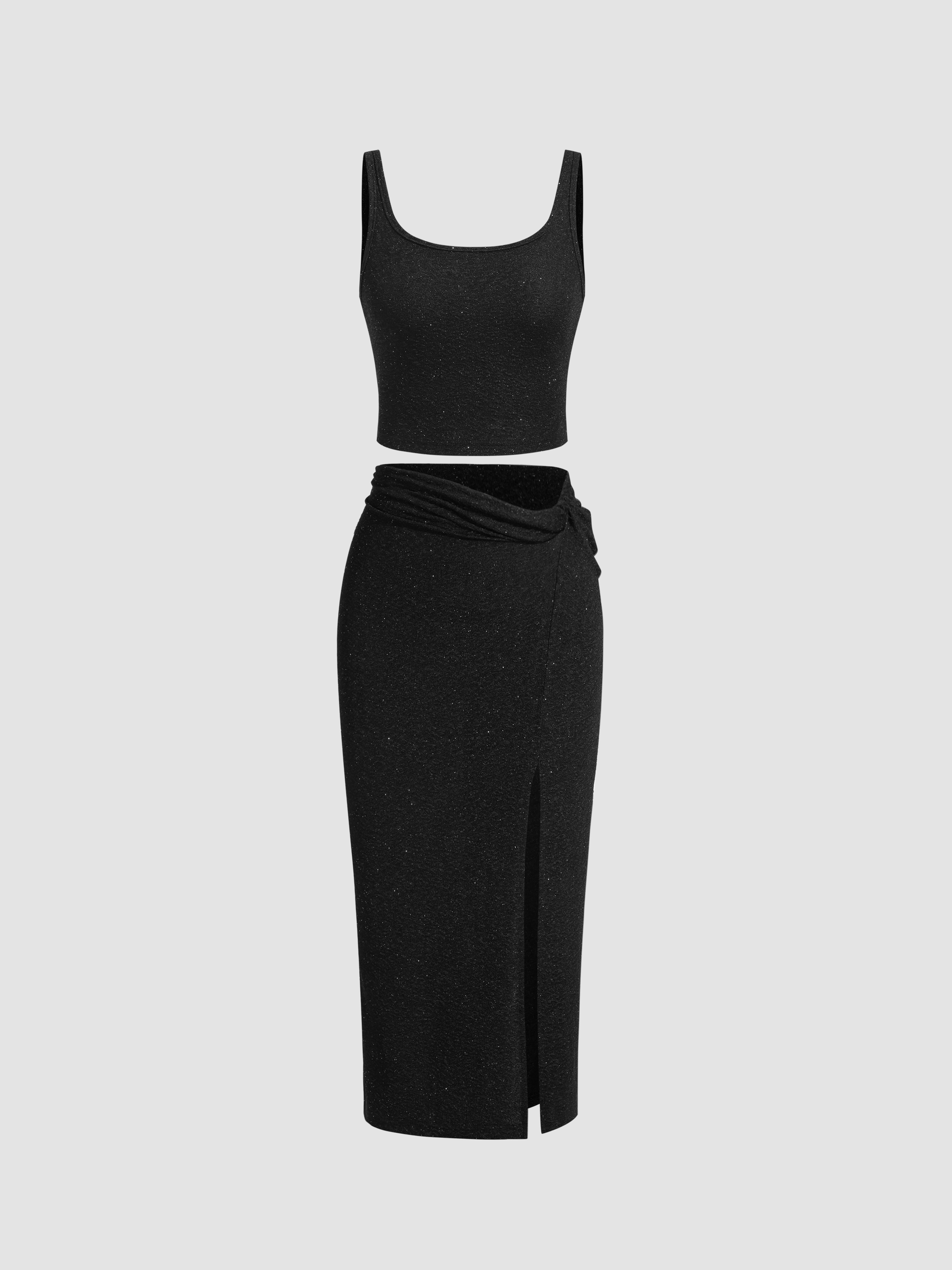 U-neckline Solid Top & Split Maxi Skirt Matching Set - Cider