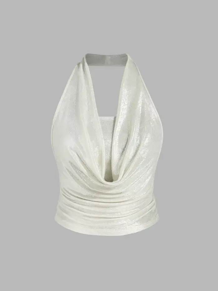 Tejido de punto Top halter con cuello en abanico y acanaladuras For Informal diario