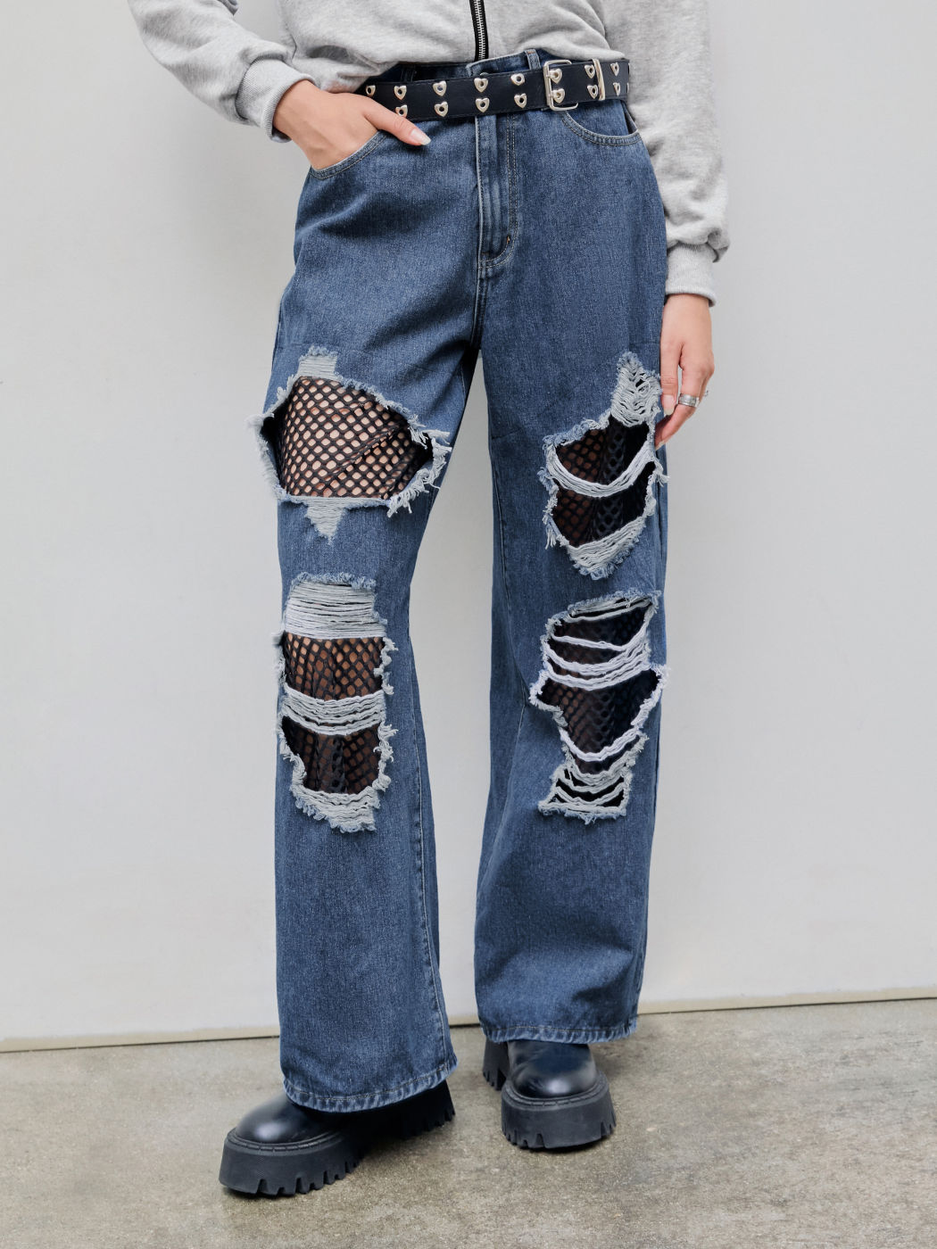 Denim Mid Waist Ripped Fishnet Wide Leg Jeans