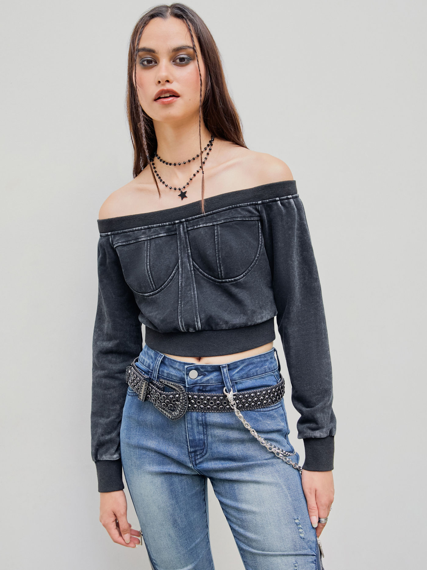 Terry Off-shoulder Solid Crop Sweatshirt