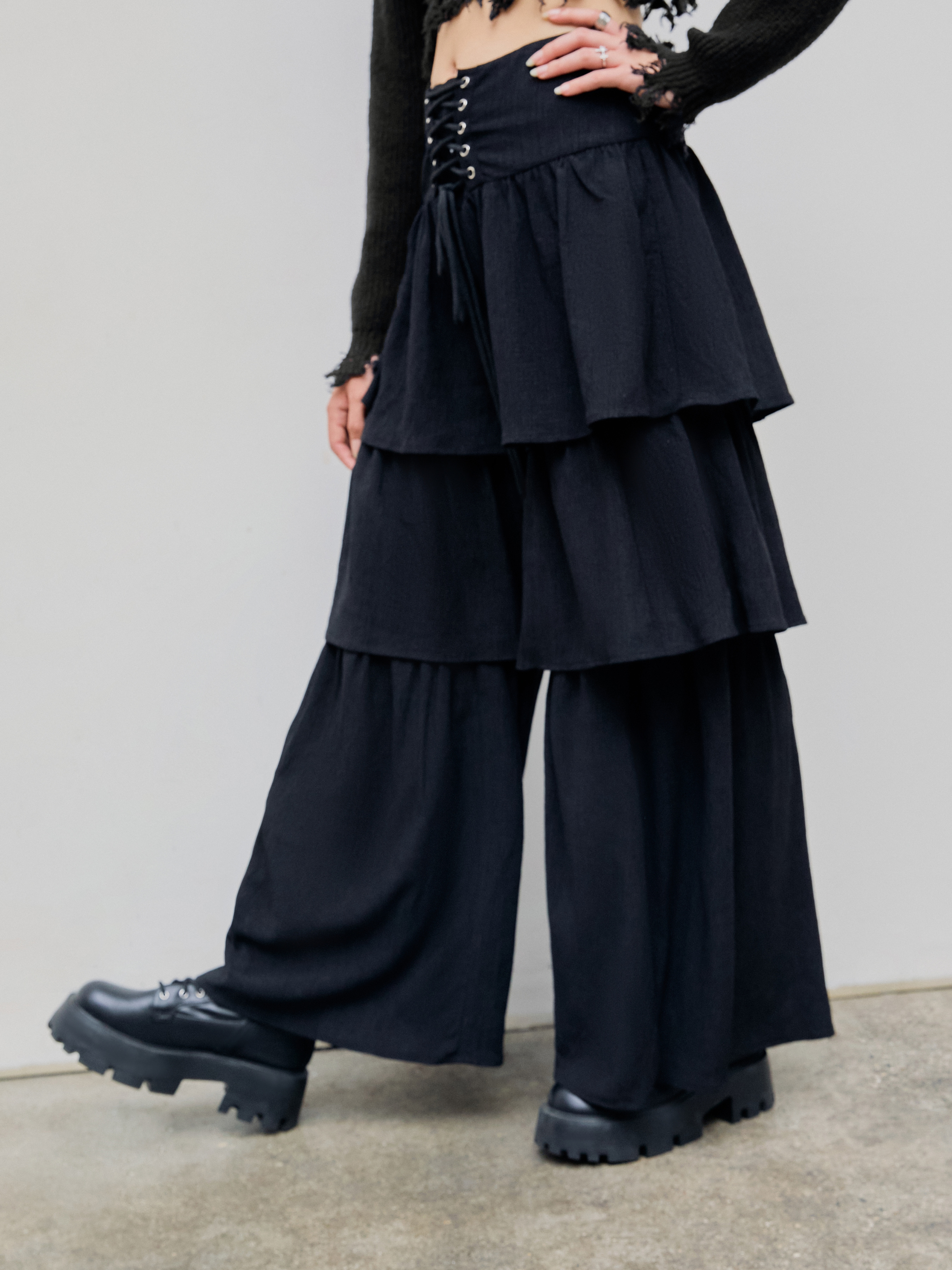 High Waist Solid Lace Up Layered Ruffle Wide Leg Trousers