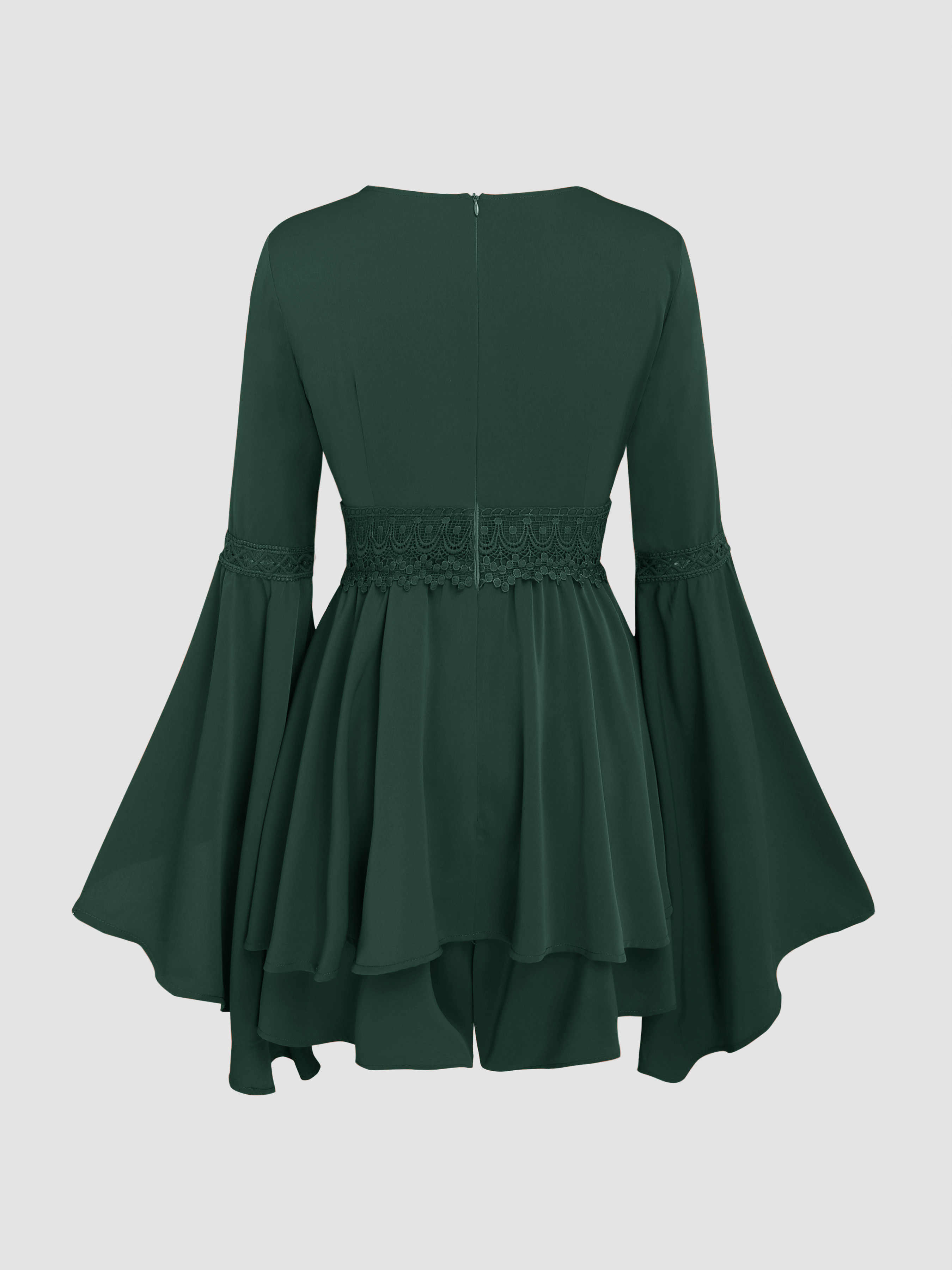 Western Outfits Woven Solid Lace V-neck Bell Sleeve Playsuit
