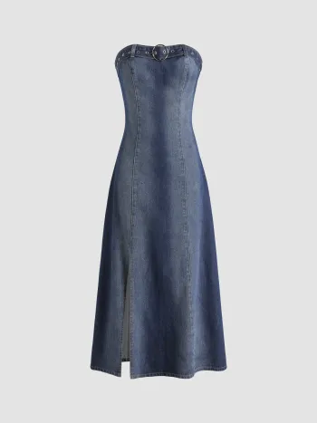  Jeanskleid mit Gürtel und Schlitz Maxi