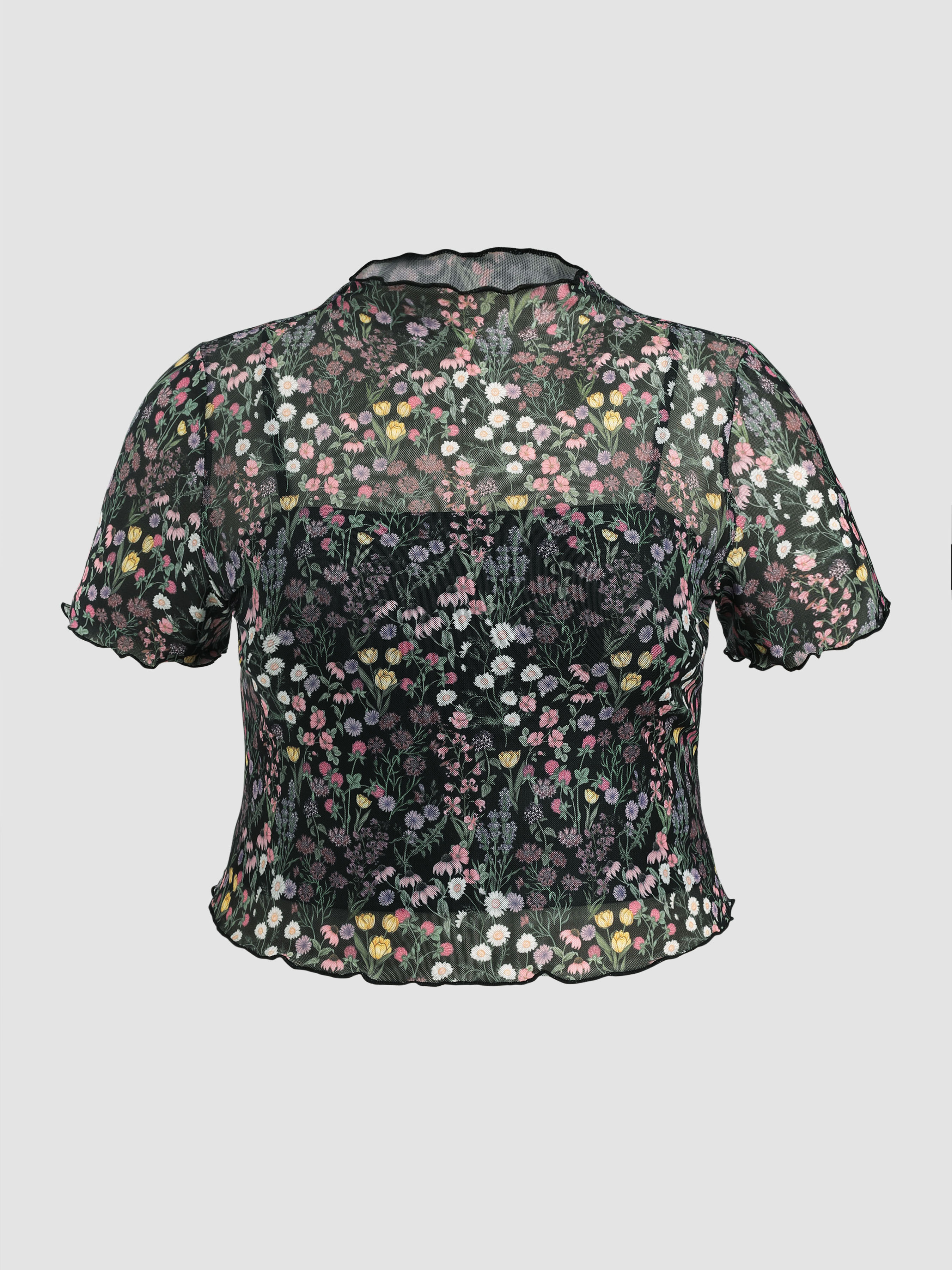 High Neck Floral Lettuce Trim Crop Top Curve & Plus For Daily Casual ...