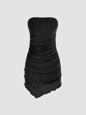 Einfarbiges Strickstoff Rüschen Gerafftes Minikleid