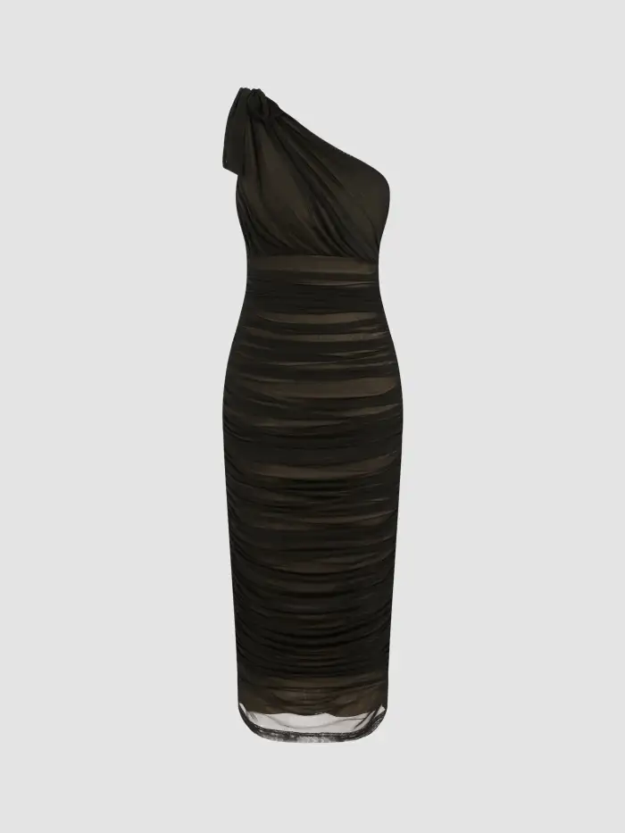sachin and babi light blue dress Asymmetrical Neck Solid Ruched Midi Dress For Date Daily Casual Coffee Shop  Exhibition
