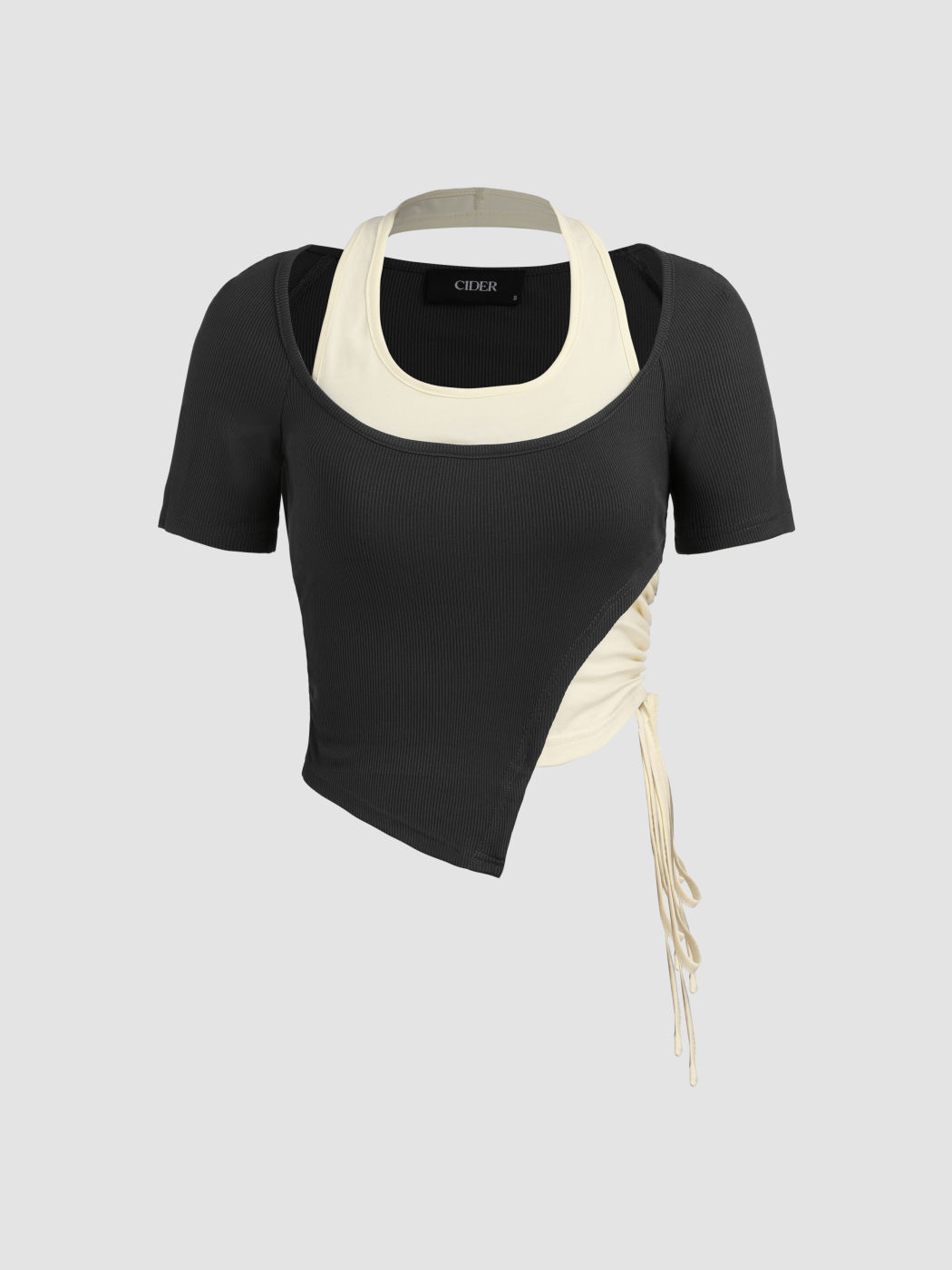 Patchwork Drawstring Short Sleeve Crop Top