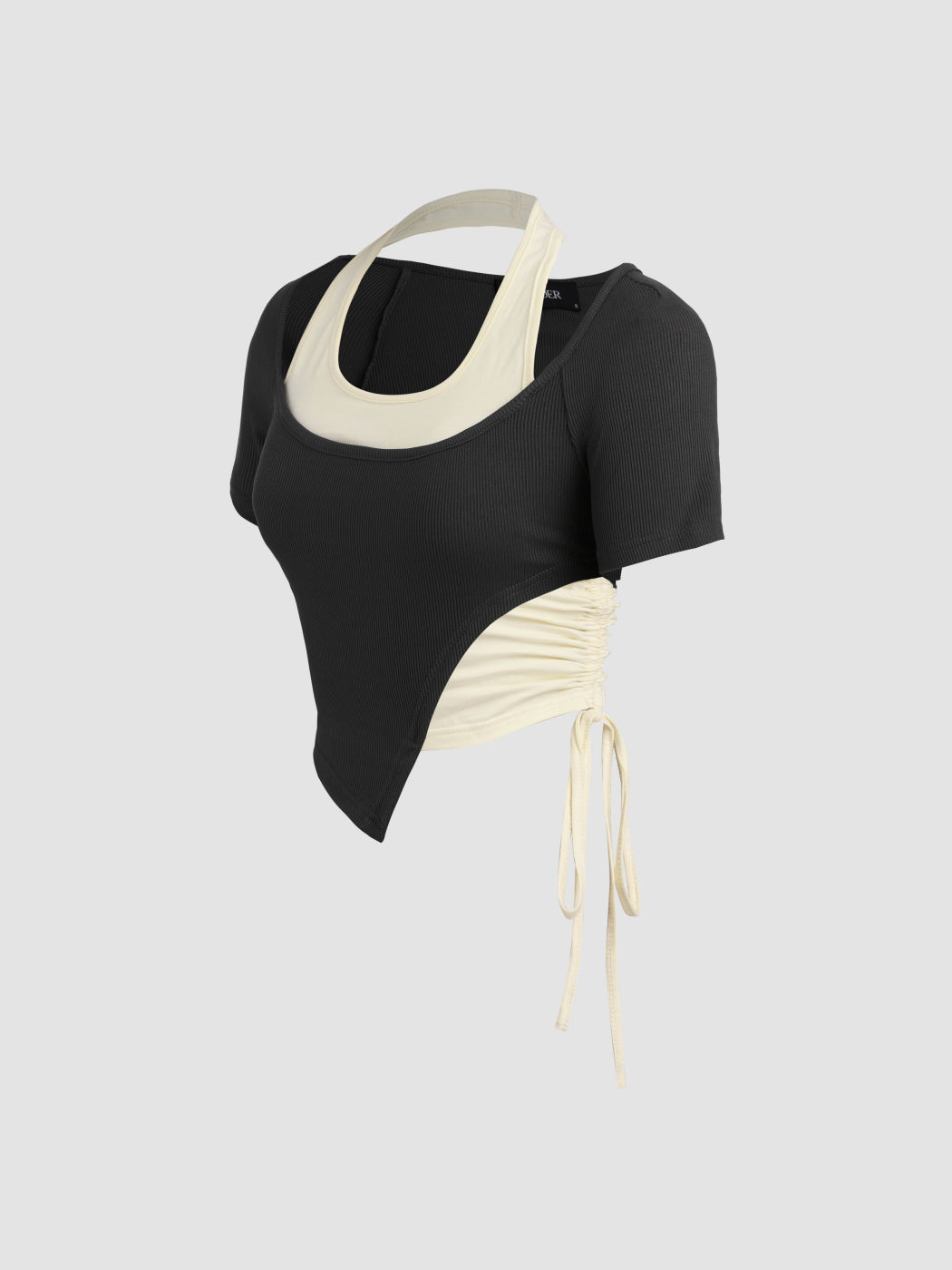 Patchwork Drawstring Short Sleeve Crop Top