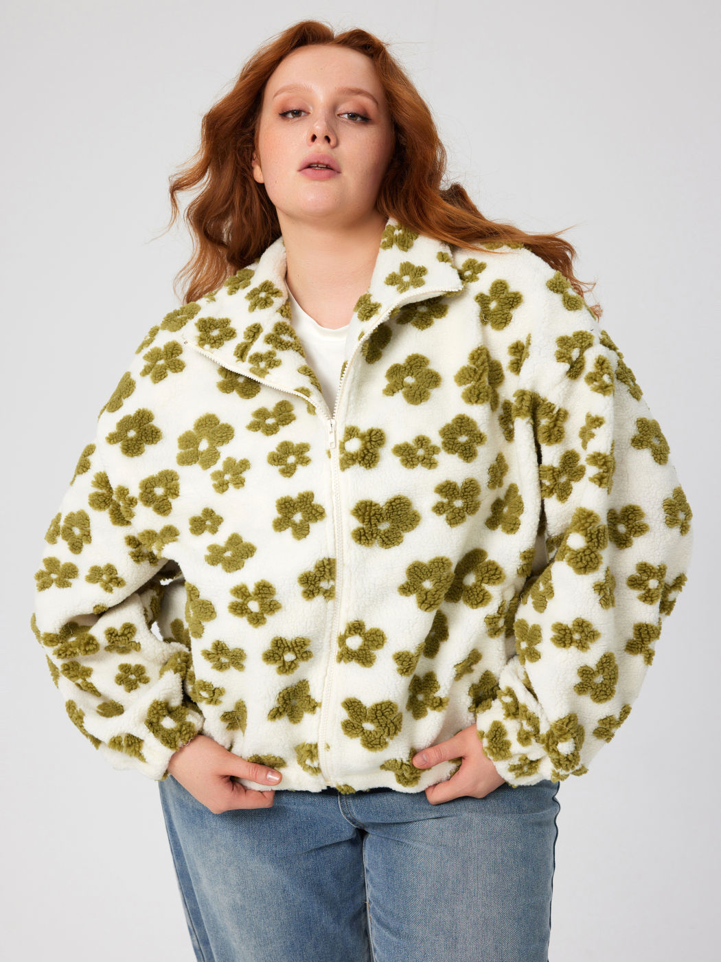 Zip Front Floral Sherpa Fleece Jacket Curve & Plus