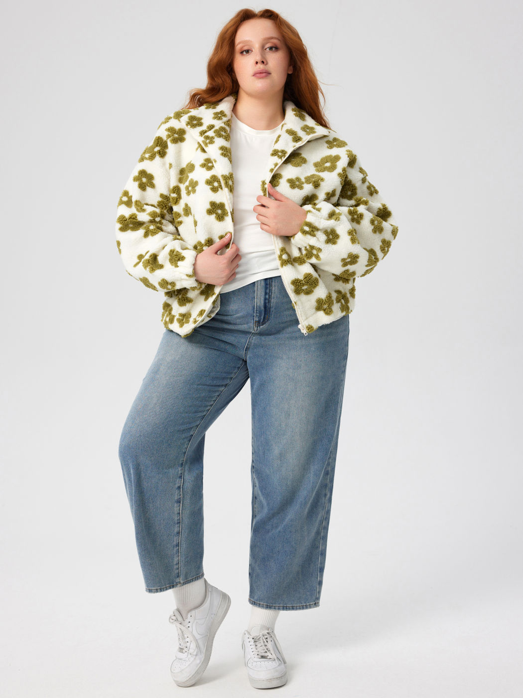 Zip Front Floral Sherpa Fleece Jacket Curve & Plus