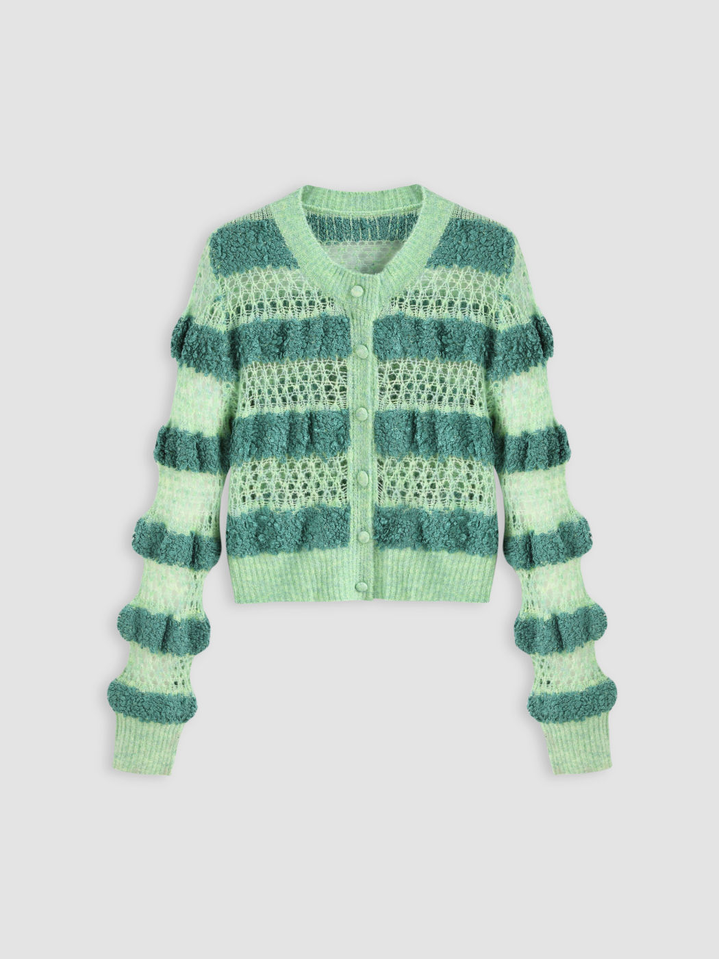 Knit Round Neckline Striped Hollow Out Cardigan