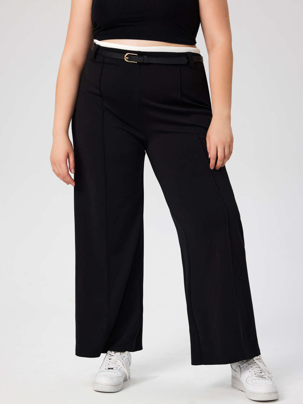 Mid Waist Solid Belted Wide Leg Trousers Curve & Plus - Cider