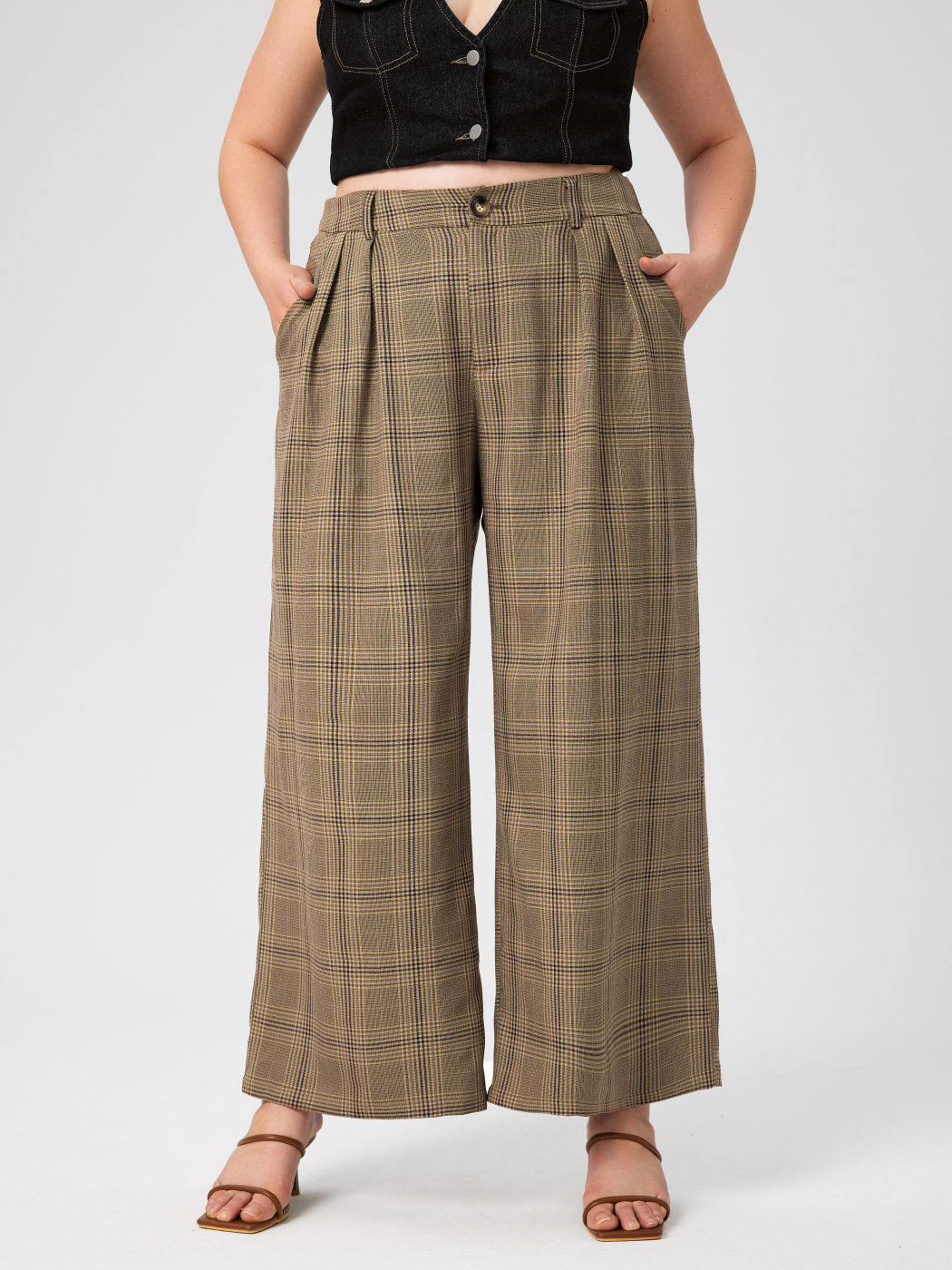 Mid Waist Check Wide Leg Trousers Curve & Plus